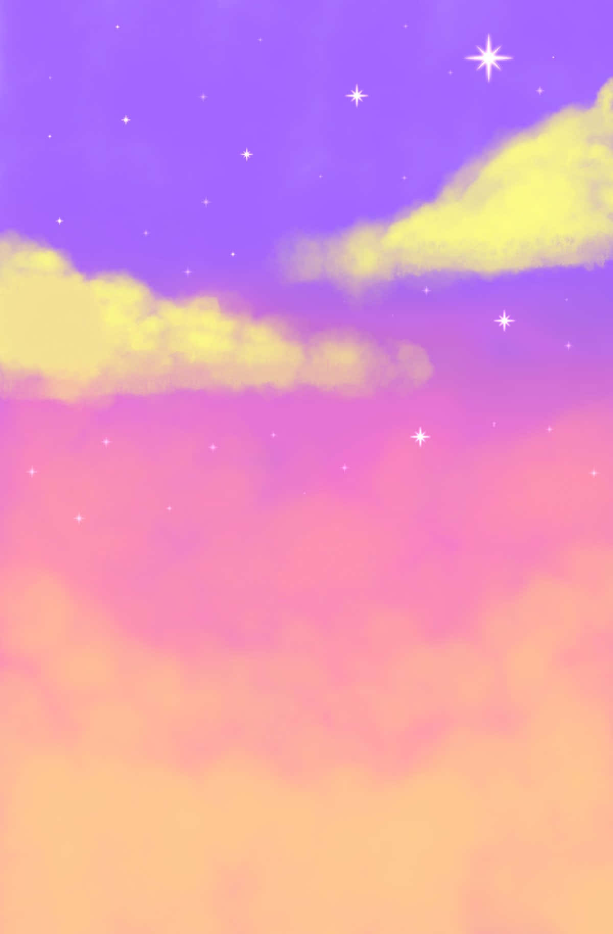 Pfp 桌布 壁紙 — 夢幻的粉彩天空，閃爍的星星和柔和的黃色雲朵融入紫色和粉紅色的色調中。