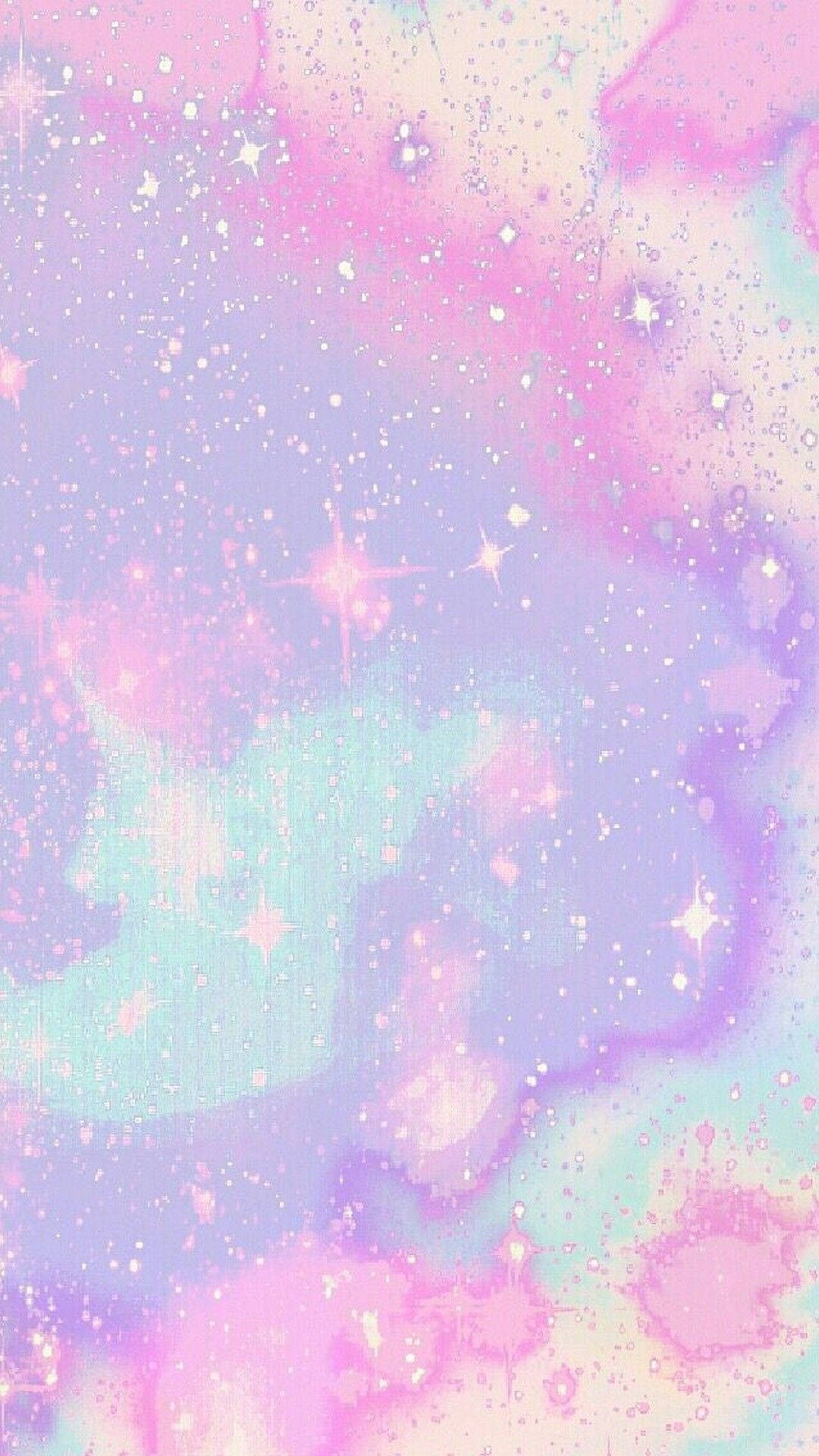  壁紙 — 夢幻的粉彩星系，帶有柔和的粉紅色、紫色和藍綠色雲朵，點綴著閃爍的星星和閃亮的斑點。