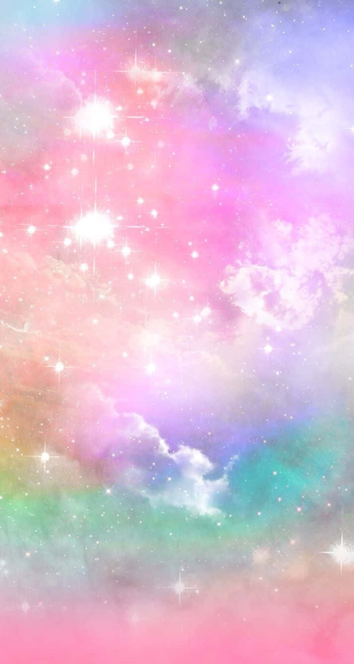 銀河 桌布 壁紙 — 夢幻的粉彩星系，閃爍的星星和柔和的彩虹雲在宇宙天空中發光。