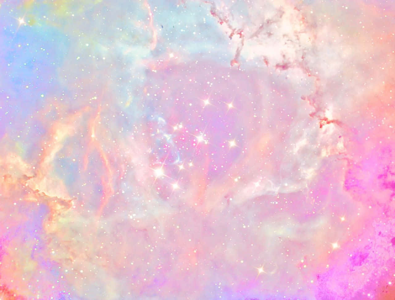桌布 壁紙 — 夢幻的粉彩星雲旋轉著柔和的粉紅、藍色和紫色，點綴著閃爍的星星。