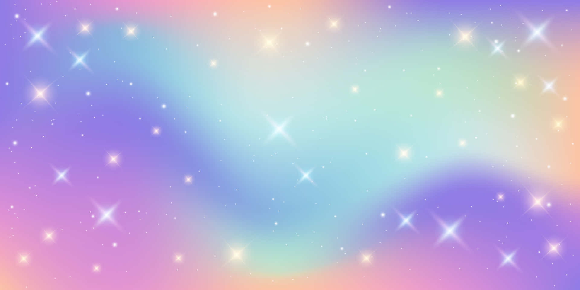 Cute Rainbow Pastel 桌布 壁紙 — 夢幻的粉彩漸變天空，充滿閃爍星星和柔和發光的光線條紋。