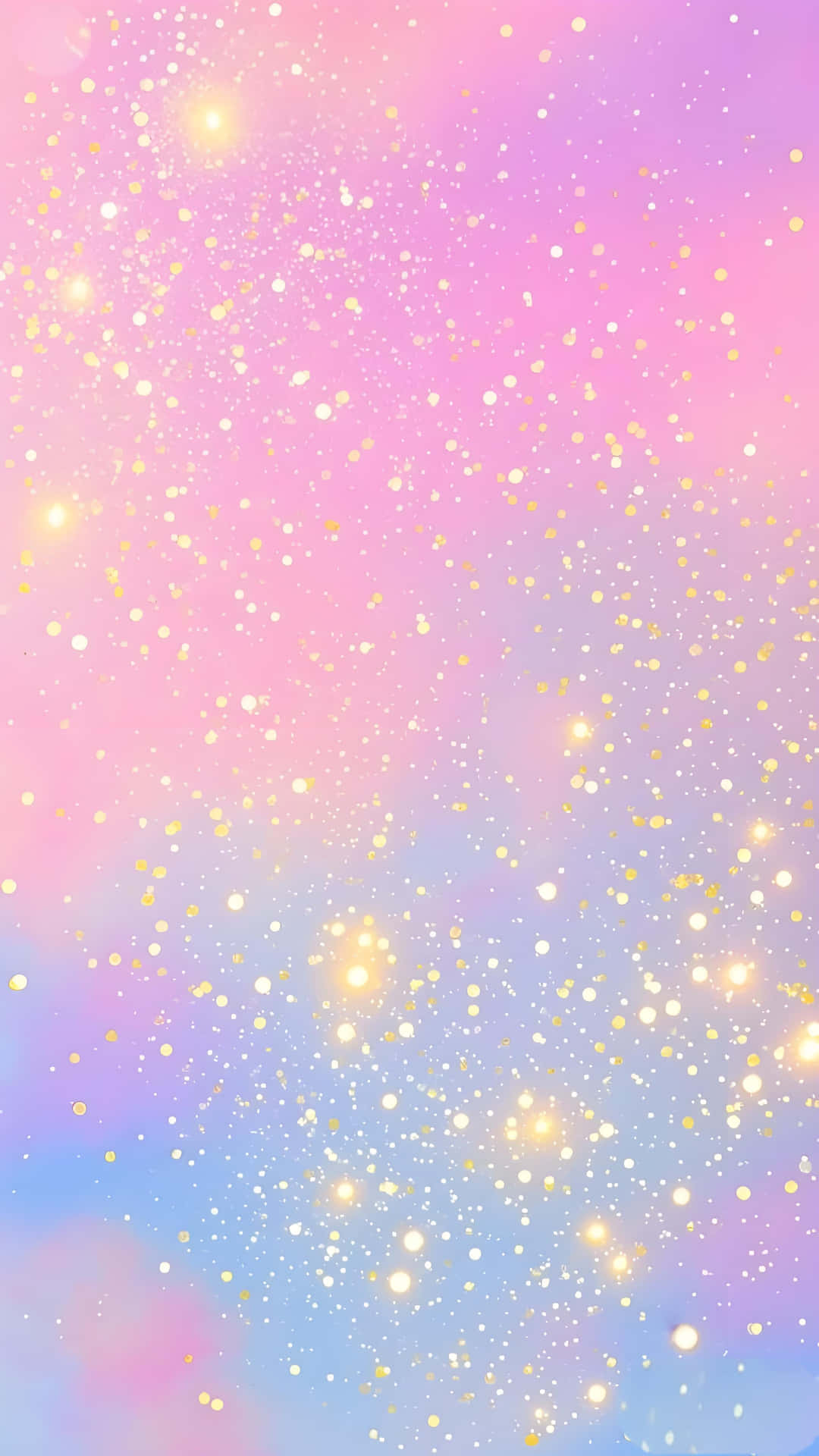 Pastel gradient wallpaper 壁紙 — 夢幻的粉紅、紫色和藍色漸變天空，點綴著閃爍的金色閃粉粒子。