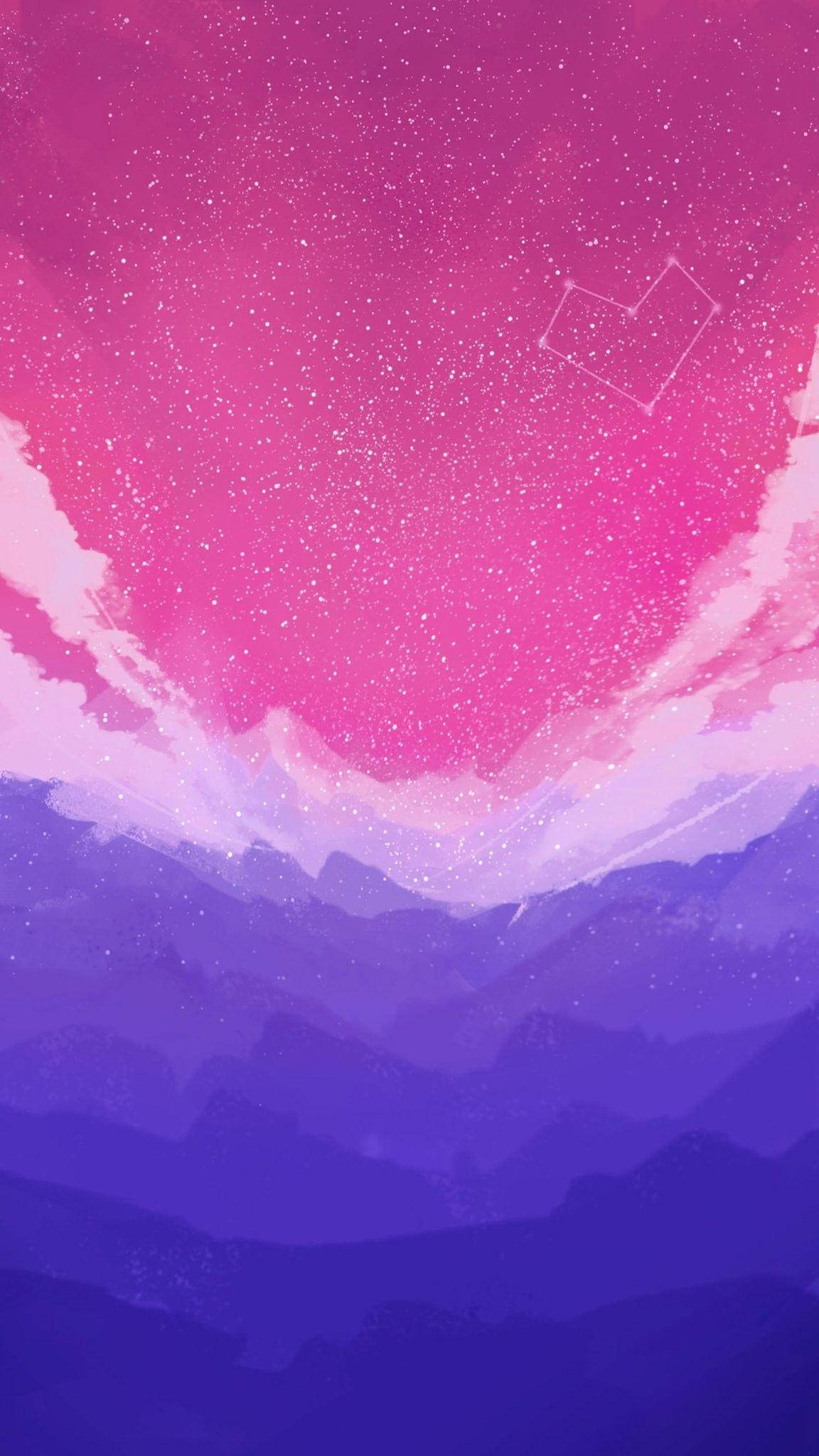 Bisexual Aesthetic 桌布 壁紙 — 夢幻的粉紅和紫色天空，心形星座懸浮在層疊的山巒剪影之上，下方是繁星點點。