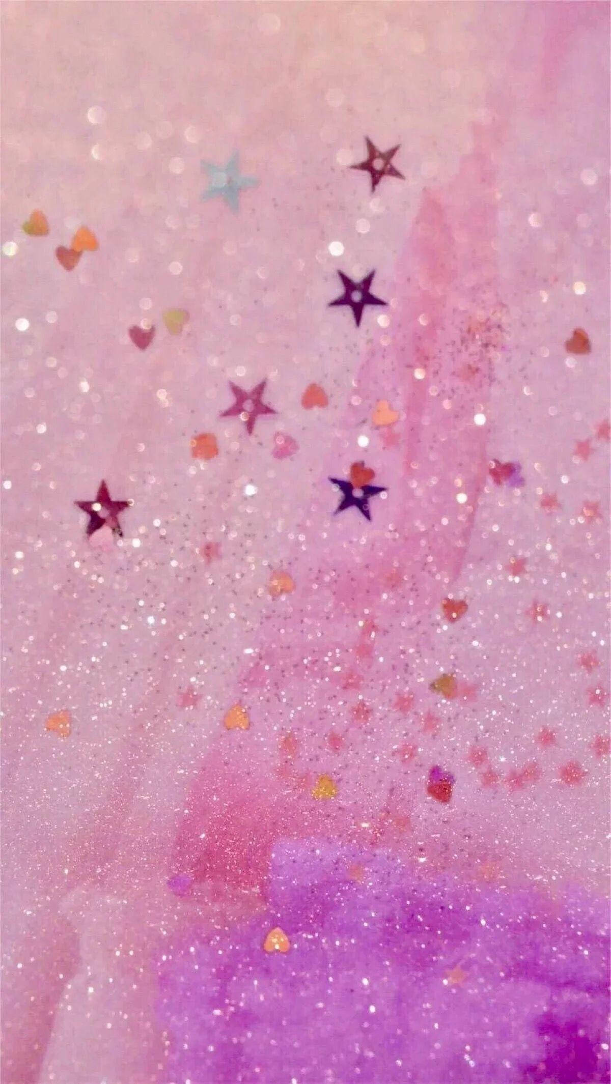 Stars 桌布 壁紙 — 夢幻的粉紅和紫色水彩背景，點綴著閃爍的星星、心形和閃光。