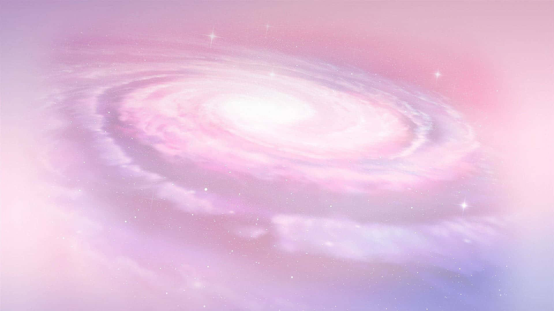 Kawaii Galaxy 桌布 壁紙 — 夢幻的粉紅和紫色螺旋星系，在柔和星光的照耀下，襯托著粉彩色的宇宙背景。