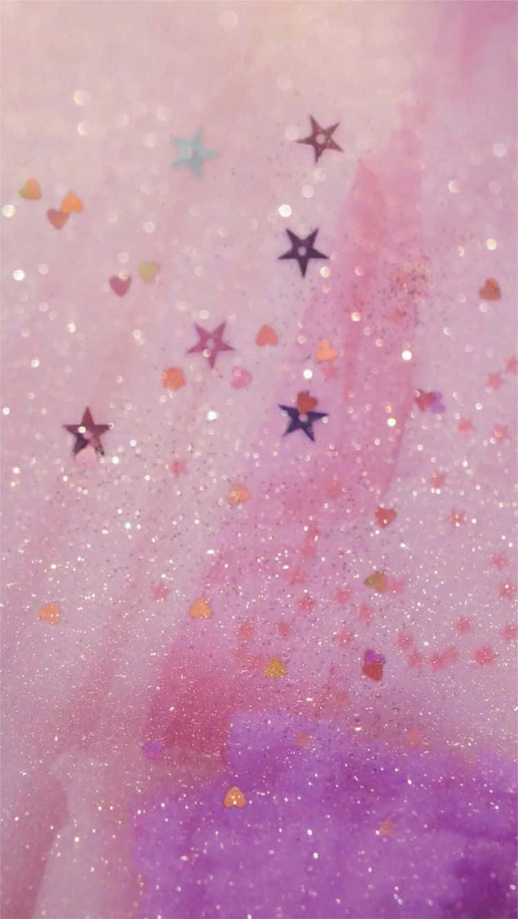 Soft Girl Aesthetic 桌布 壁紙 — 夢幻的粉紅色和紫色水彩背景，點綴著閃閃發光的星星、心形和閃光。