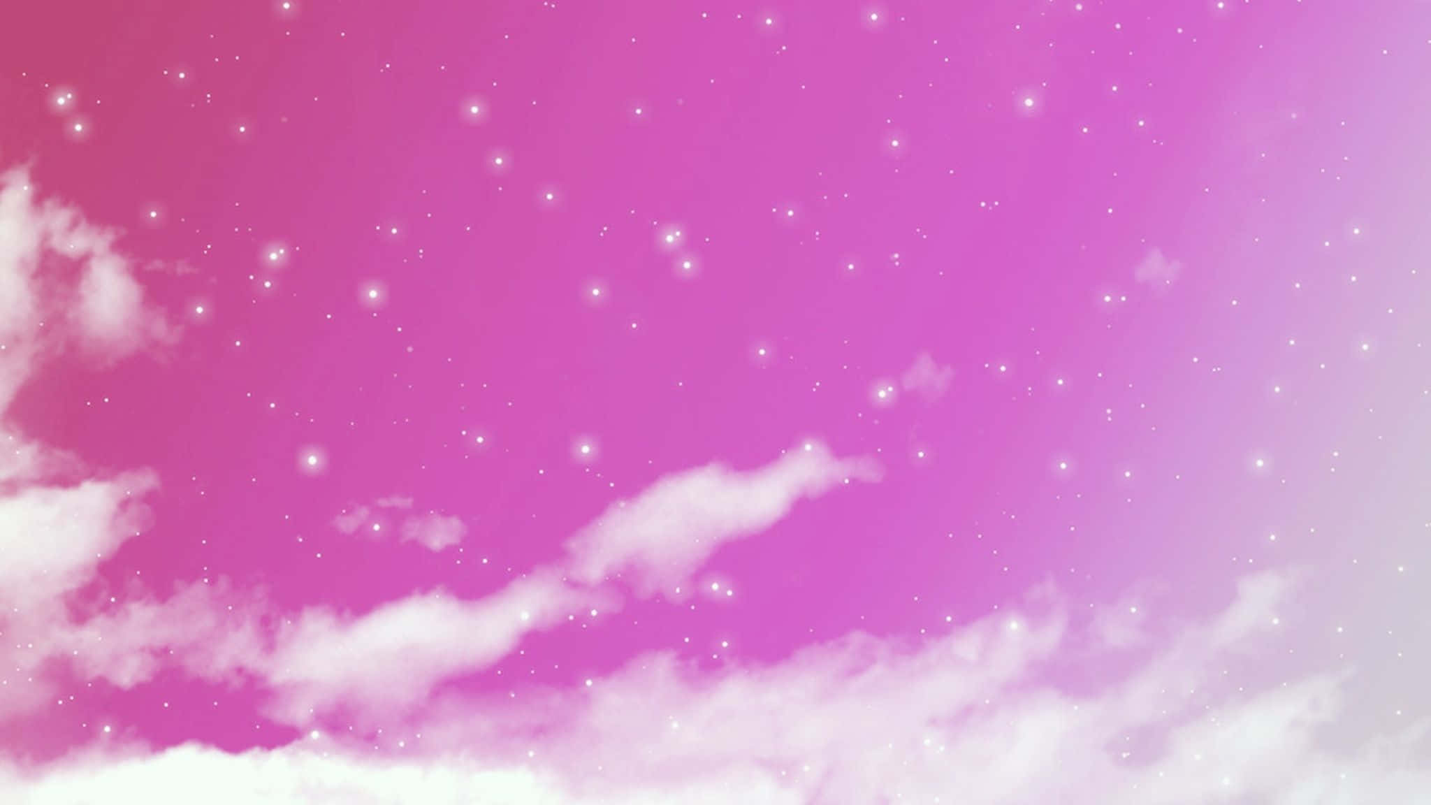 2048x1152 Aesthetic 桌布 壁紙 — 夢幻的粉紅色天空，充滿柔軟的白雲和閃爍的星星，營造出神奇的天體場景。