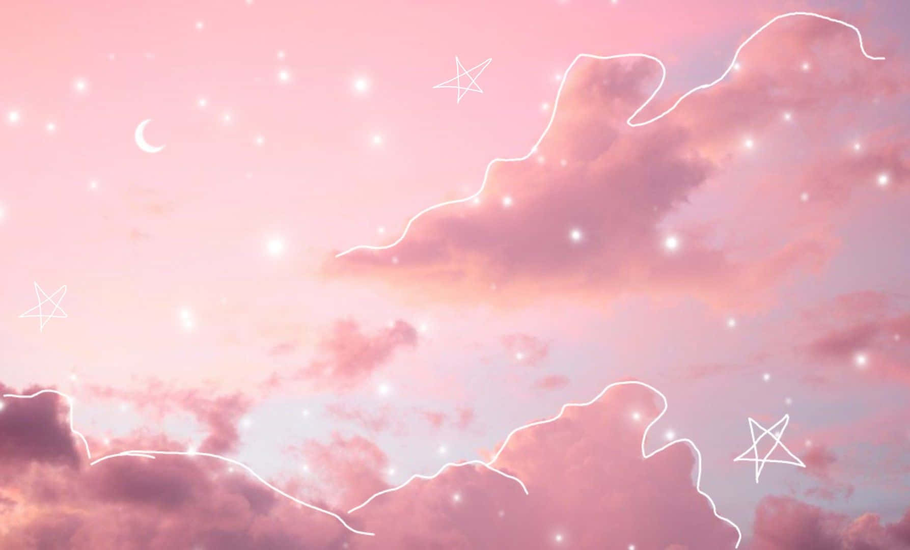 雲朵 桌布 壁紙 — 夢幻的粉紅色天空，充滿柔軟的雲朵、閃爍的星星和以白色魔法勾勒的彎月。