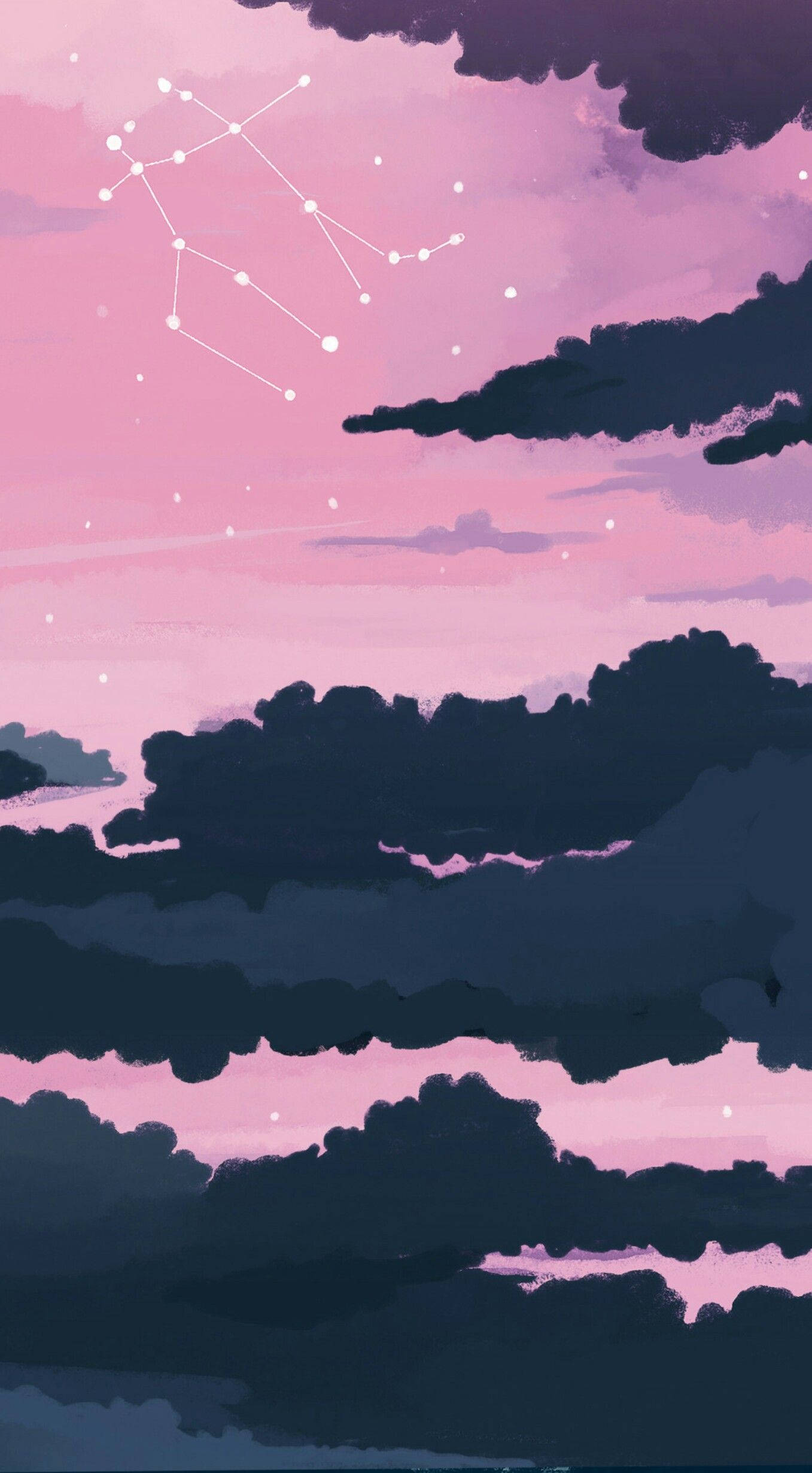 Tumblr 文青風 桌布 壁紙 — 夢幻的粉紅色暮色天空，帶有深色雲朵和白色輪廓的發光星座。