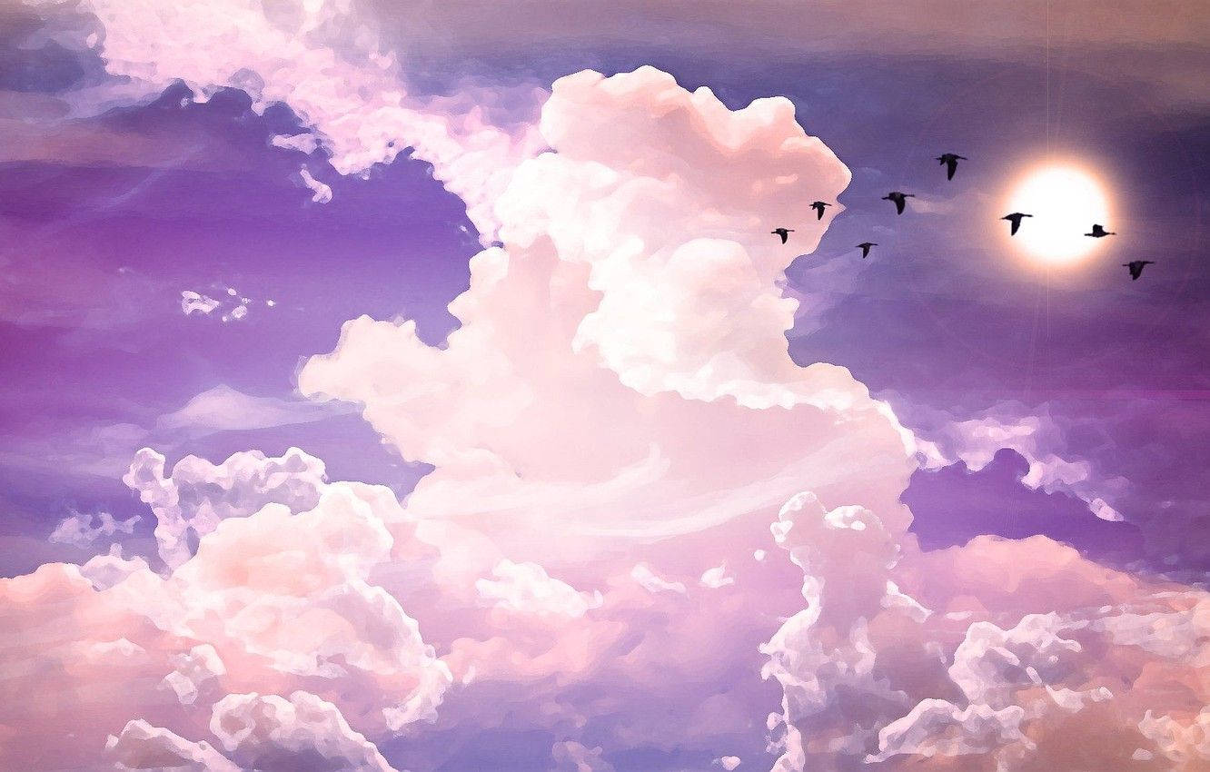 Cloudy Sky 桌布 壁紙 — 夢幻的紫色和粉紅色天空，充滿柔軟的雲朵和剪影鳥兒飛向發光的太陽。