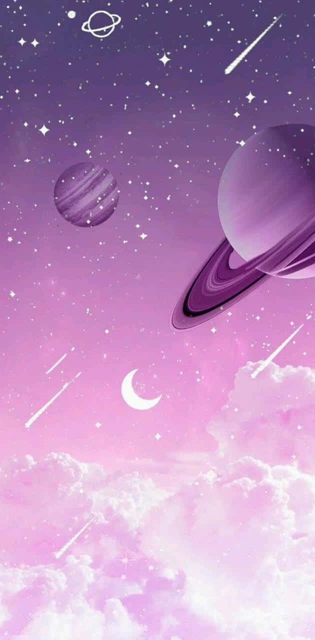 銀河 桌布 壁紙 — 夢幻的紫色和粉紅色宇宙天空，充滿行星、流星和漂浮在蓬鬆雲層之上的新月。