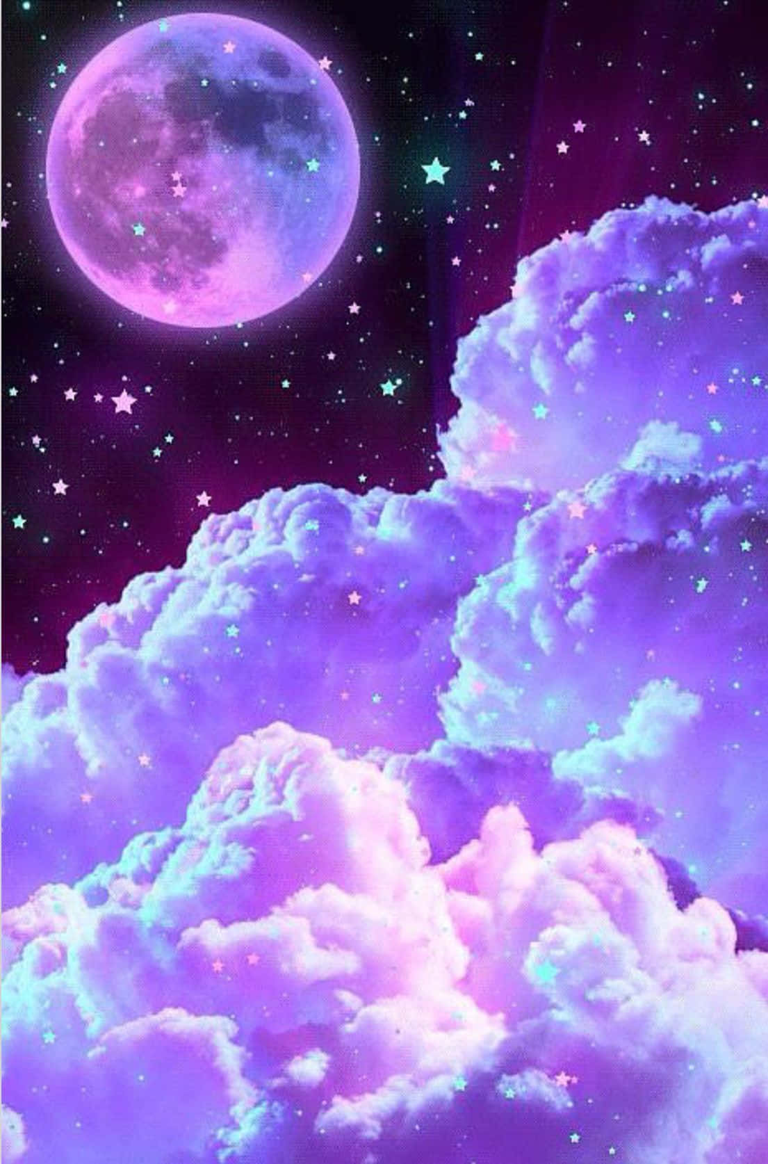 銀河 桌布 壁紙 — 夢幻的紫色和粉紅色月光天空，充滿發光的星星和蓬鬆的雲彩。