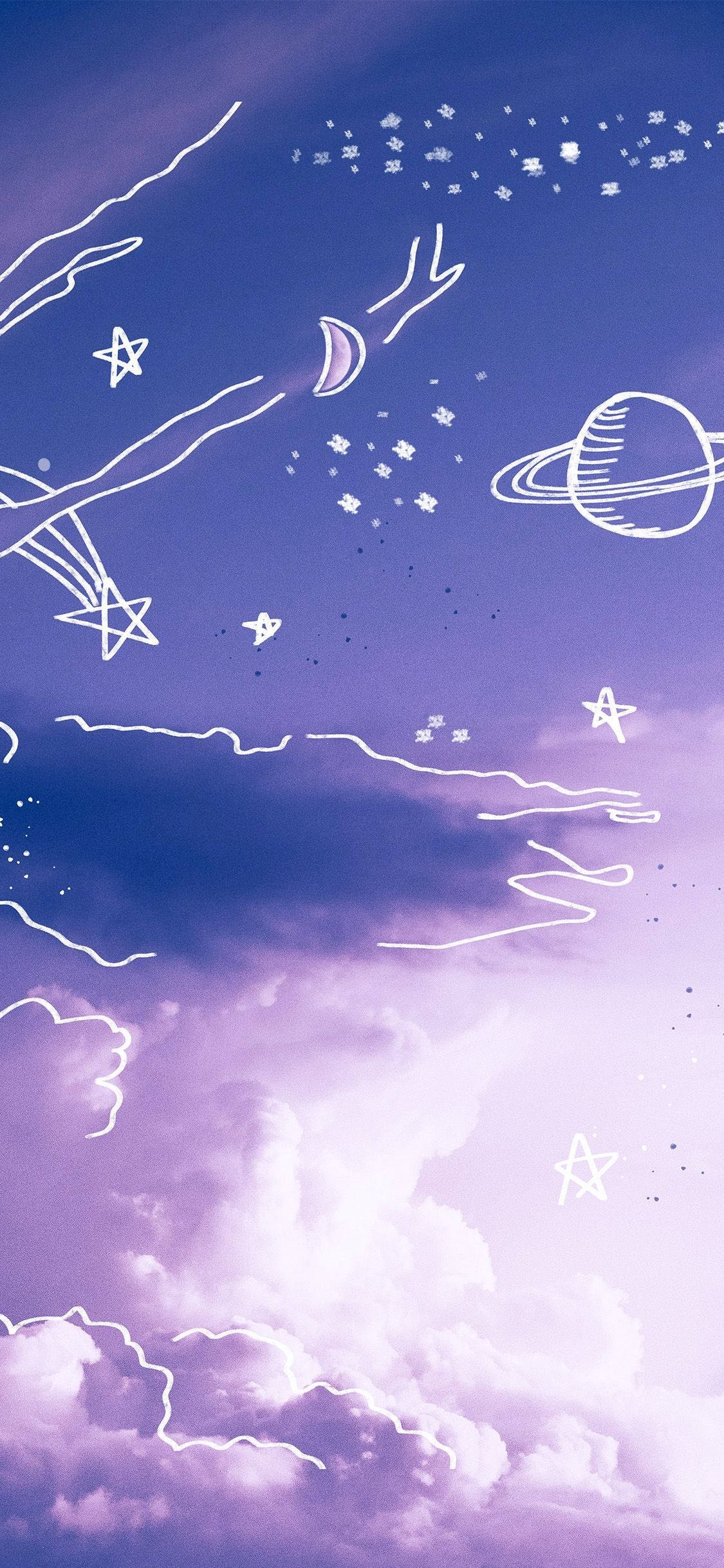 雲朵 桌布 壁紙 — 夢幻的紫色天空，充滿了星星、行星和宇宙元素的白色線條畫，漂浮在蓬鬆的雲朵之上。