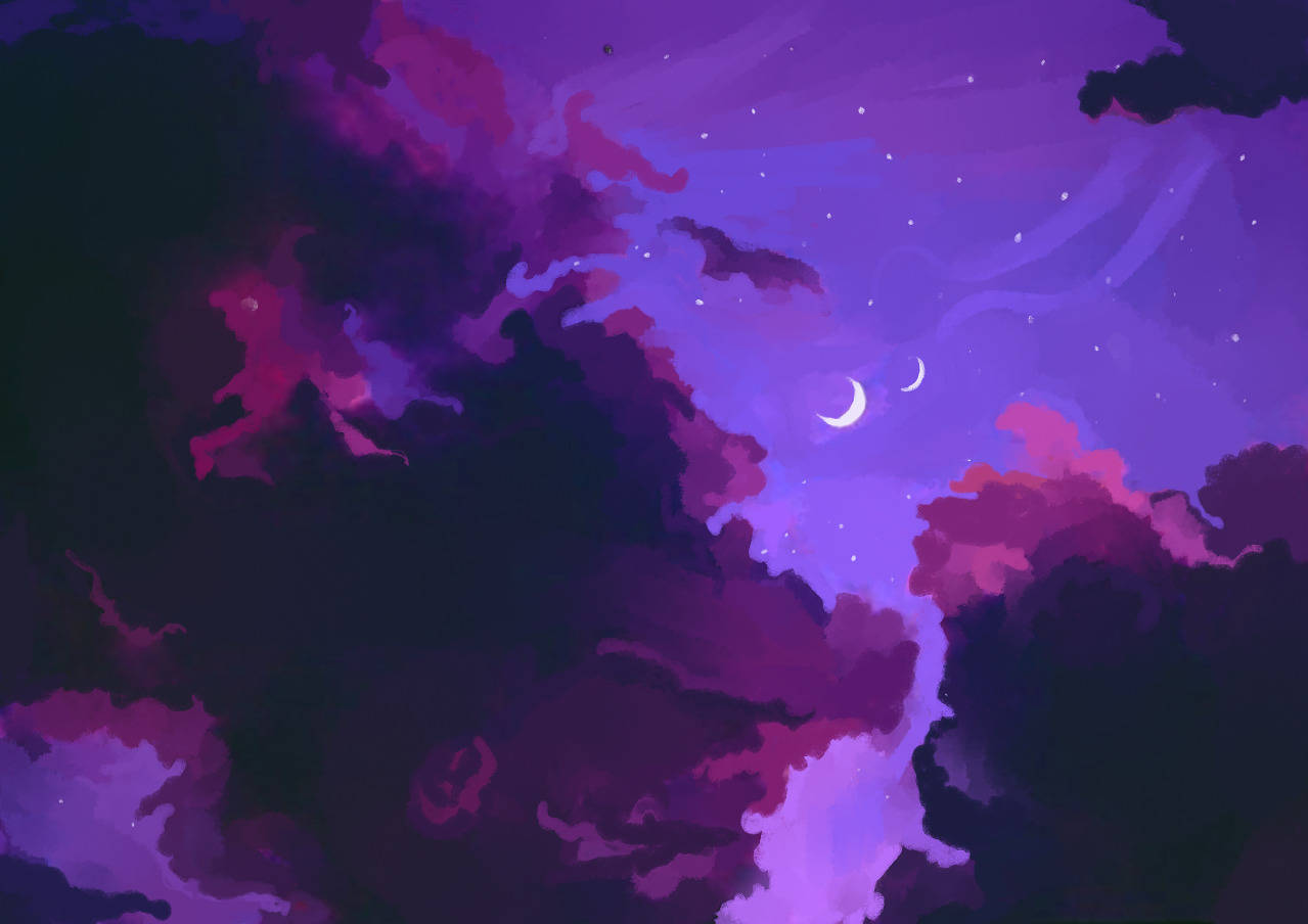 夜空 桌布 壁紙 — 夢幻的紫色天空，充滿了漩渦狀的雲朵、兩個新月和閃爍的星星，營造出神秘的夜景。