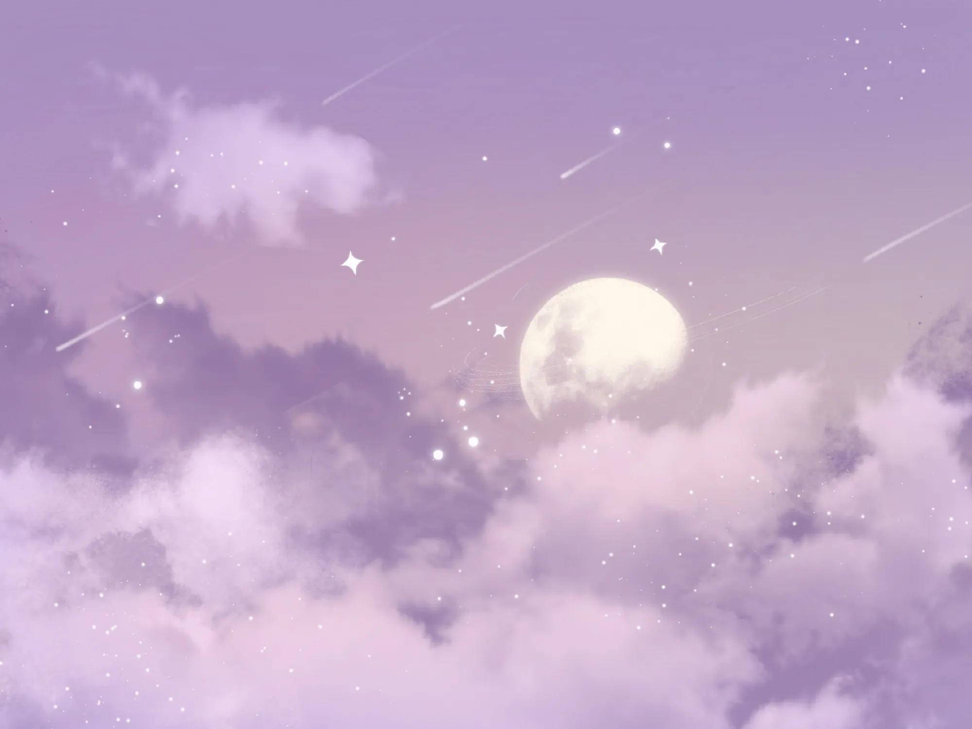 美學 iPad 壁紙 桌布 壁紙 — 夢幻的紫色天空，充滿蓬鬆的雲朵、星星和流星，圍繞著一輪巨大的滿月閃耀。