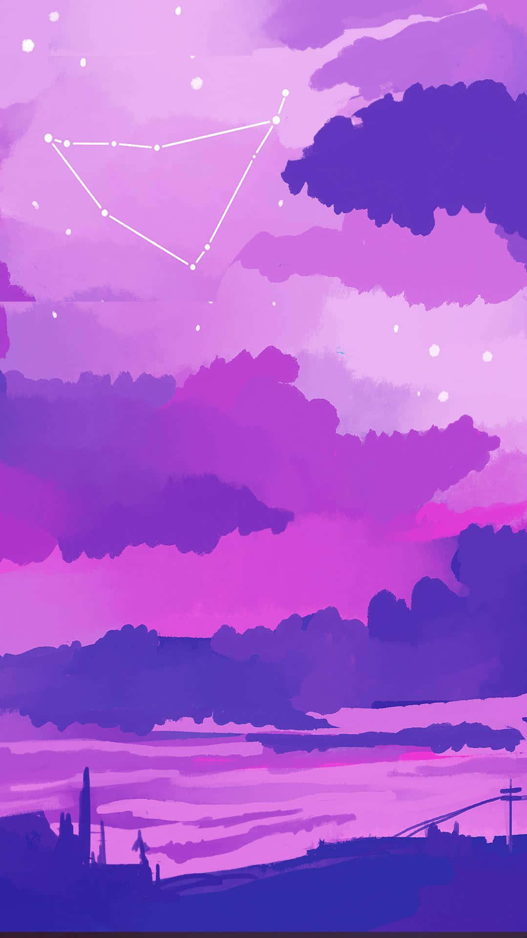 帶有星座和下方剪影景觀的紫色暮色天空。 — 星座 GIF 壁紙