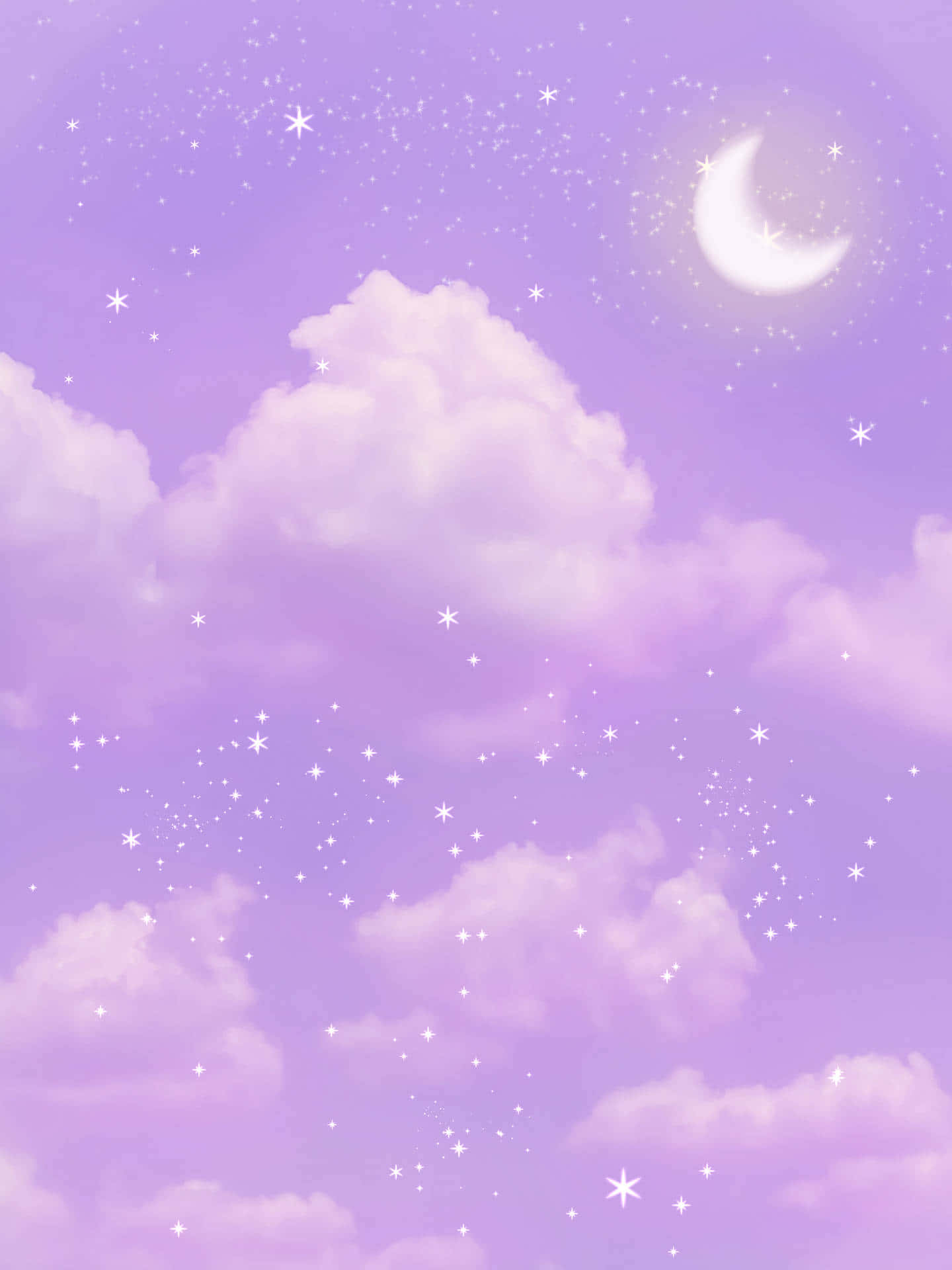 夜空 桌布 壁紙 — 夢幻的薰衣草天空，充滿蓬鬆的雲、閃爍的星星和發光的新月。