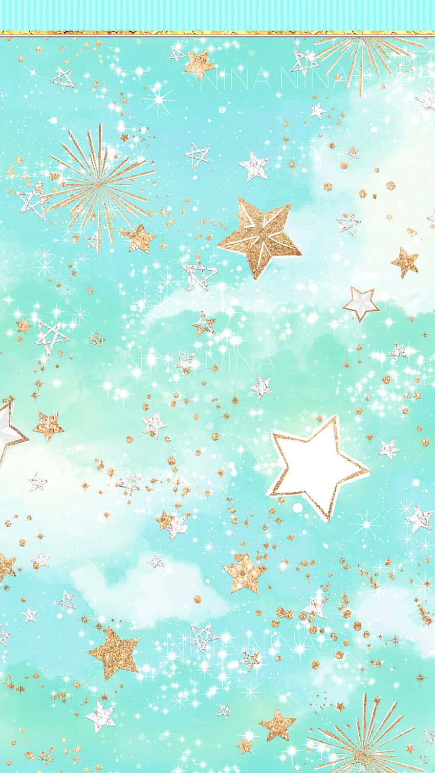 Stars 桌布 壁紙 — 夢幻的藍綠色天空，佈滿閃爍的金色和白色星星及閃光。