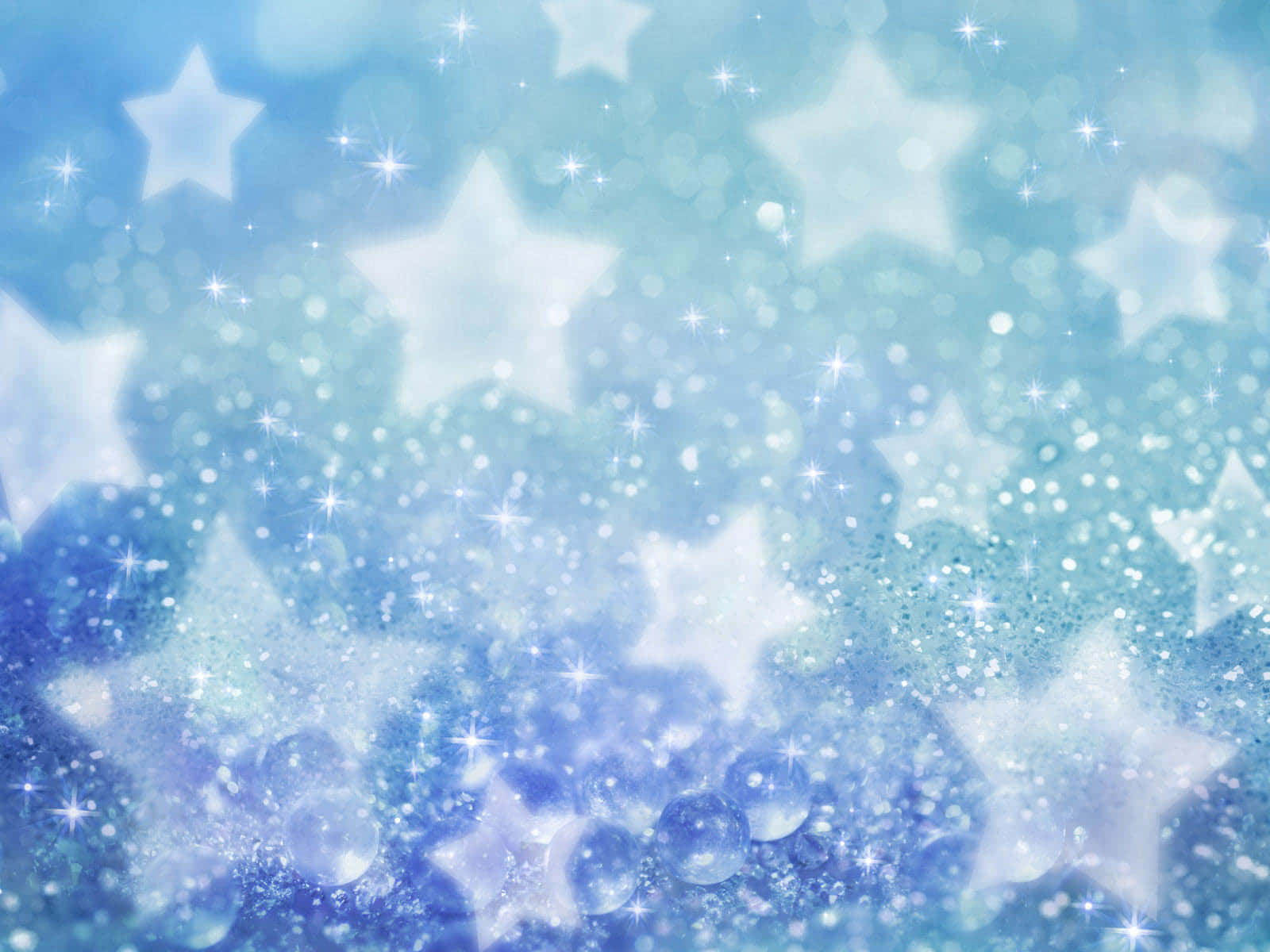 3d Star 桌布 壁紙 — 夢幻的藍色漸層背景，點綴著發光的白色星星和閃爍的散景效果。