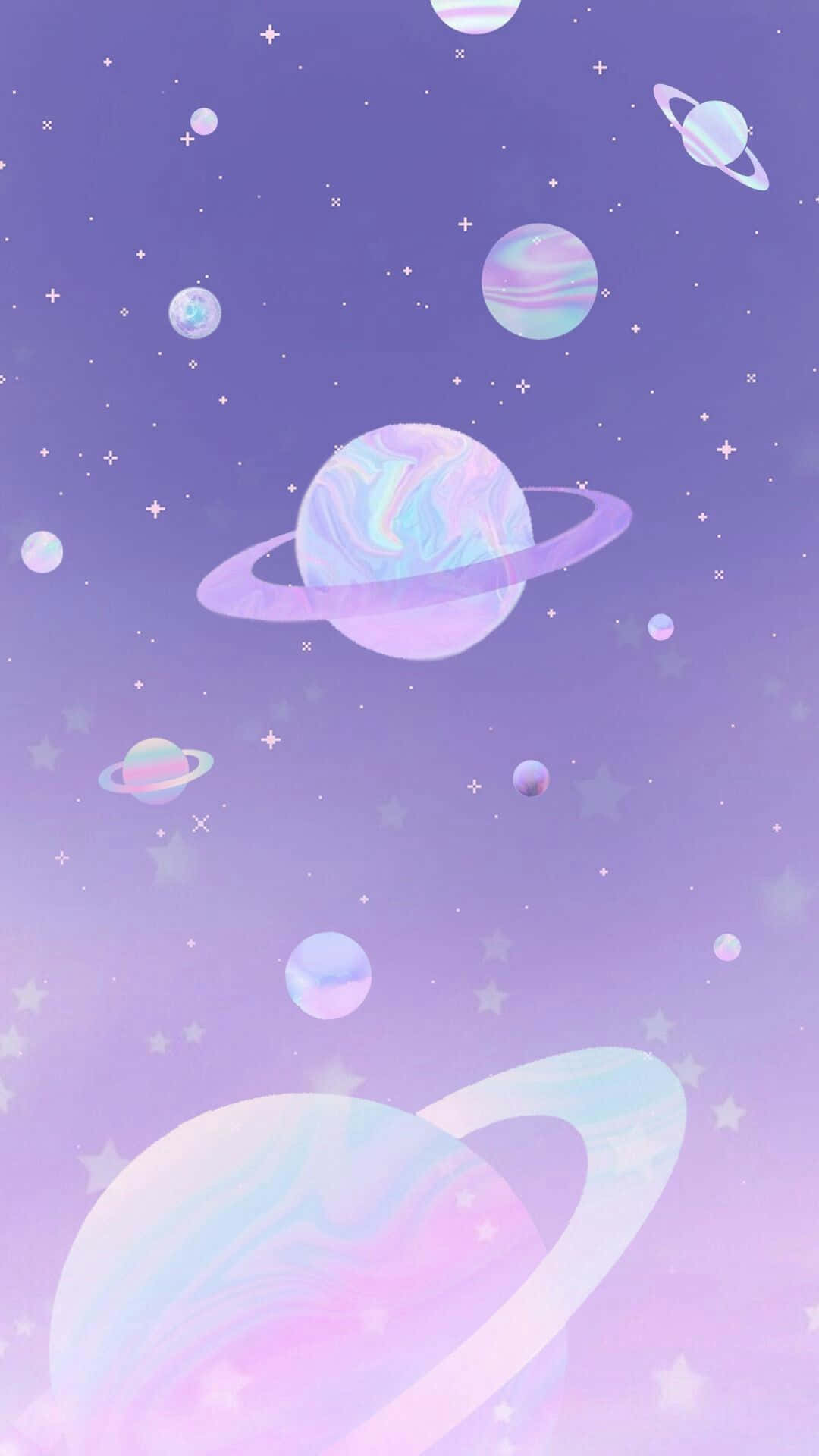 粉彩手機動圖 桌布 壁紙 — 夢幻粉彩宇宙場景，彩虹色行星與星星漂浮在漸變紫色天空中。