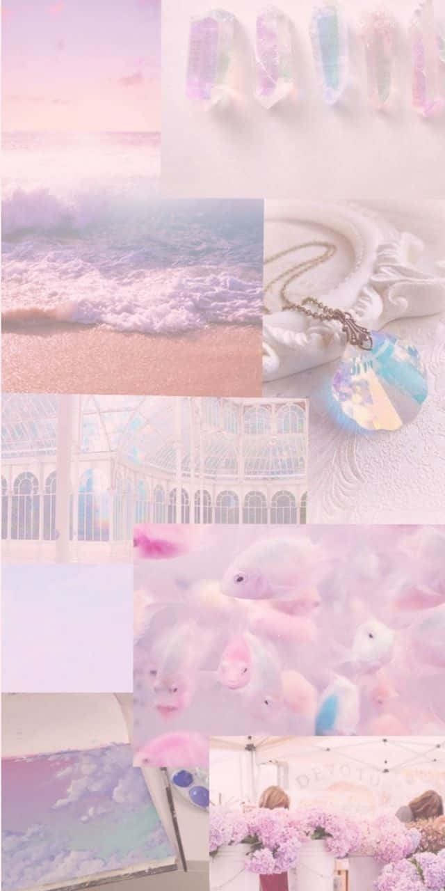 Ocean Aesthetic Phone 桌布 壁紙 — 夢幻粉彩拼貼，包含海浪、粉紅沙灘、彩虹指甲、玻璃溫室、漂浮魚類和花卉佈置。
