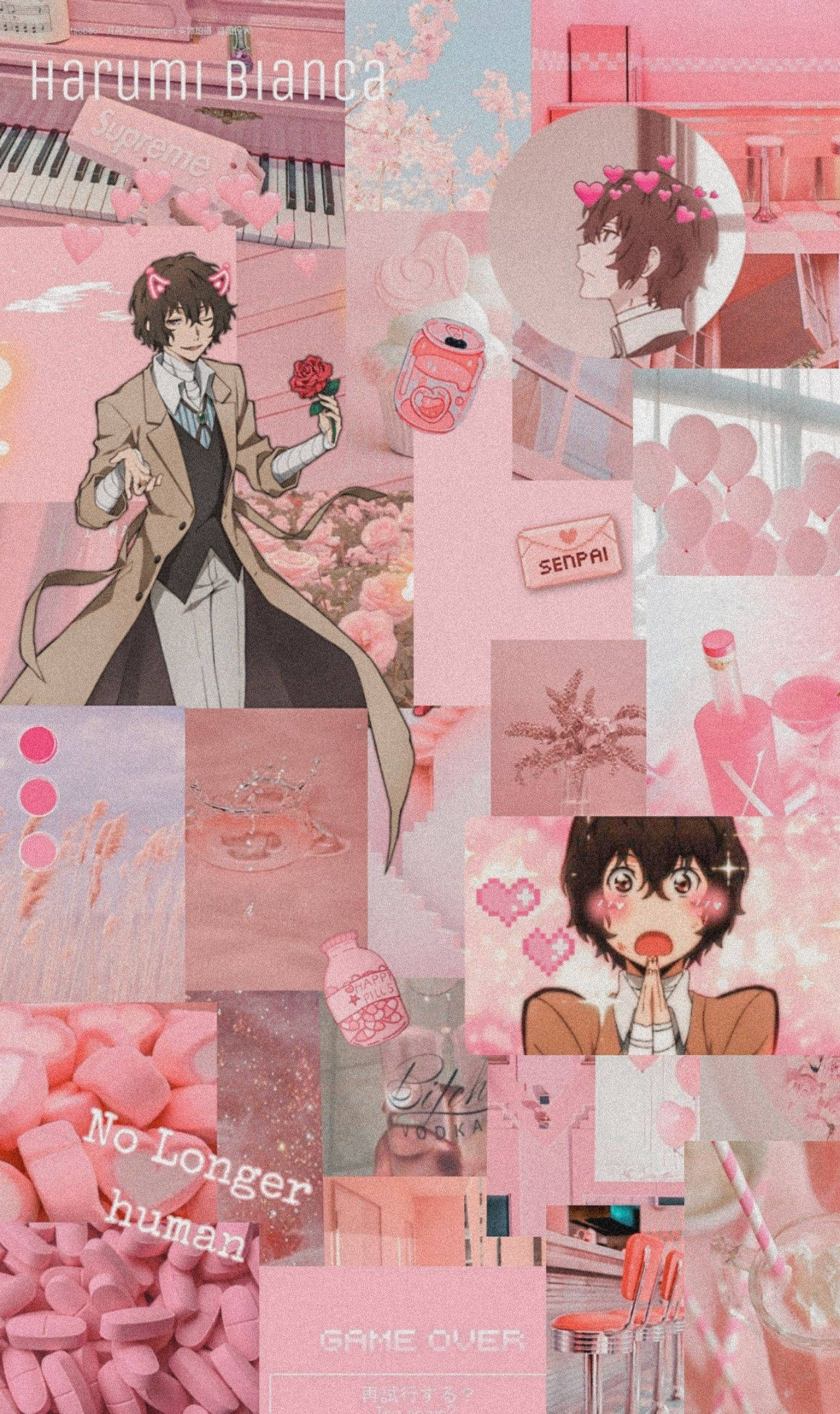 Dazai 桌布 壁紙 — 夢幻粉紅動漫拼貼，包含角色、心形和遊戲文字，呈現柔和浪漫美學。