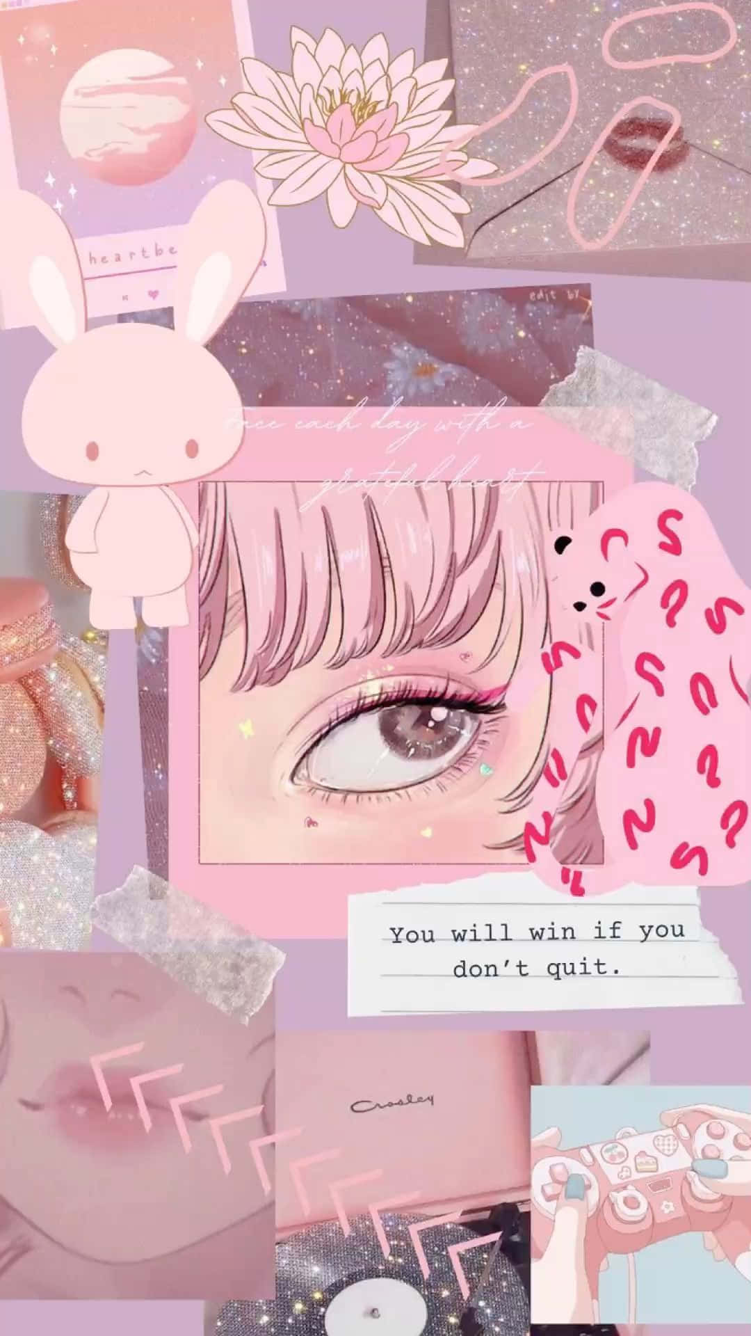 Pink Aesthetic Anime Phone 桌布 壁紙 — 夢幻粉紅拼貼，包含動漫眼睛、兔子毛絨玩具、閃粉質感和勵志名言，呈現柔和粉彩美學。