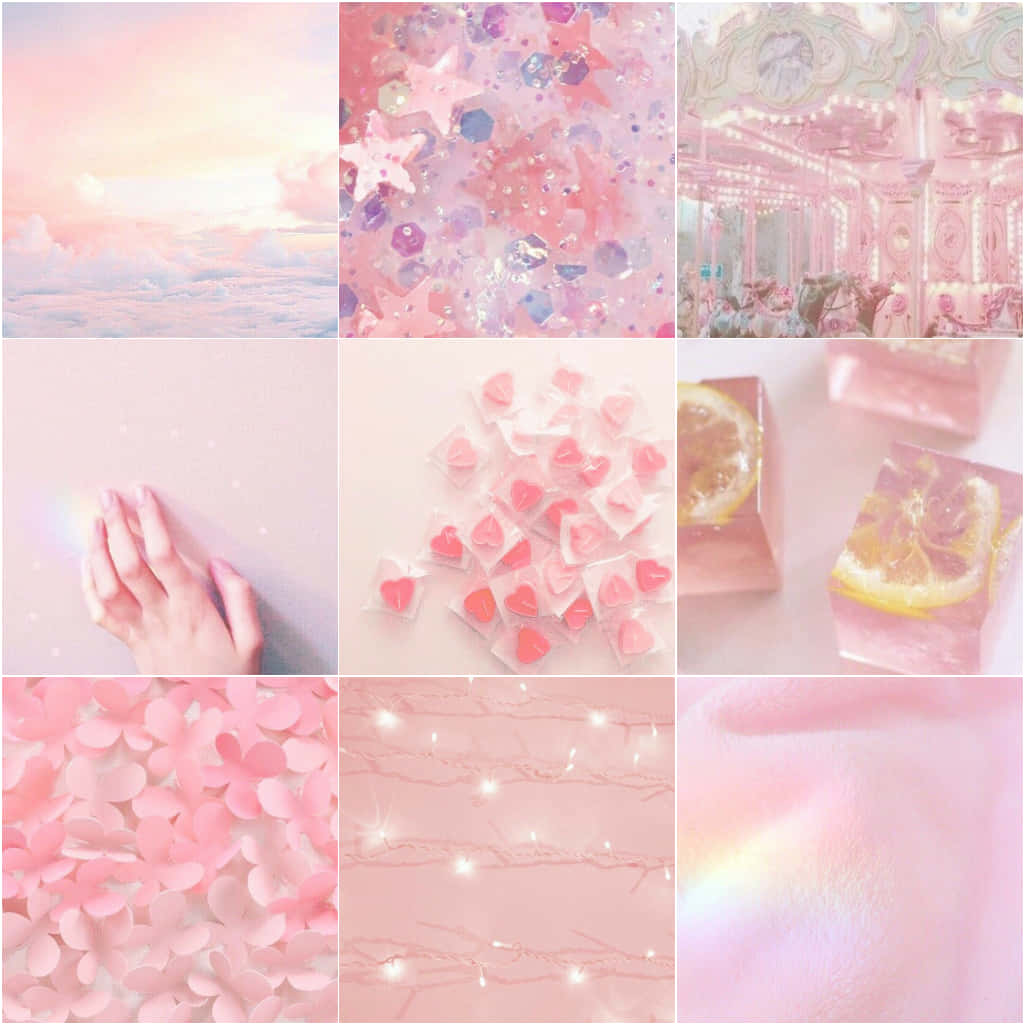 Pastel Pink Aesthetic 桌布 壁紙 — 夢幻粉紅拼貼，包含雲朵、心形、檸檬片和仙女燈，採用柔和粉彩色調。