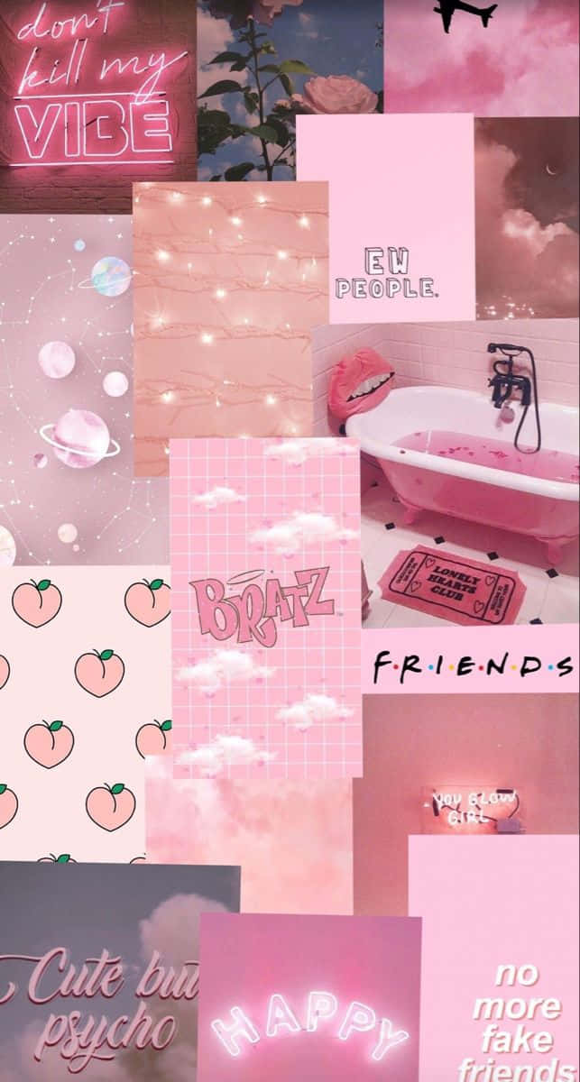 Pink Phone 桌布 壁紙 — 夢幻粉紅拼貼壁紙，帶有霓虹燈牌、蜜桃圖案、粉紅浴缸和天空圖案，並有文字疊加。