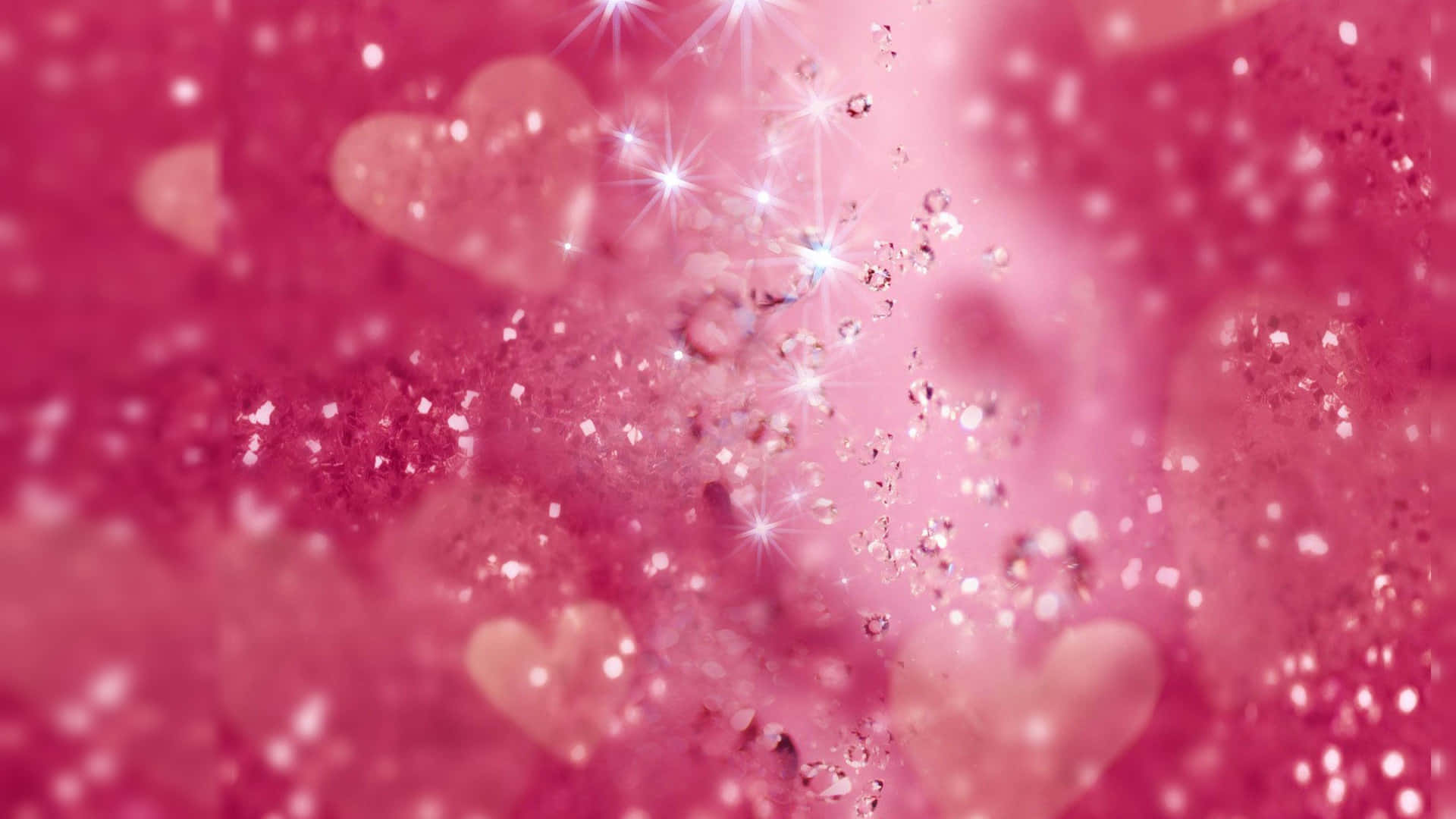 Pretty Pink 桌布 壁紙 — 夢幻粉紅背景，充滿閃爍亮片和柔和模糊的心形，散發星爆光芒。