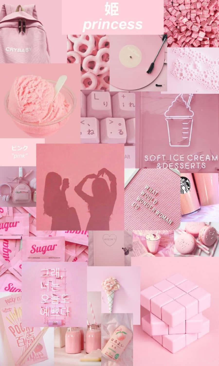 Pastel Pink Aesthetic 桌布 壁紙 — 夢幻粉紅色拼貼，包含甜點、飲料、科技及時尚物品，帶有柔和陰影和甜蜜文字疊加。