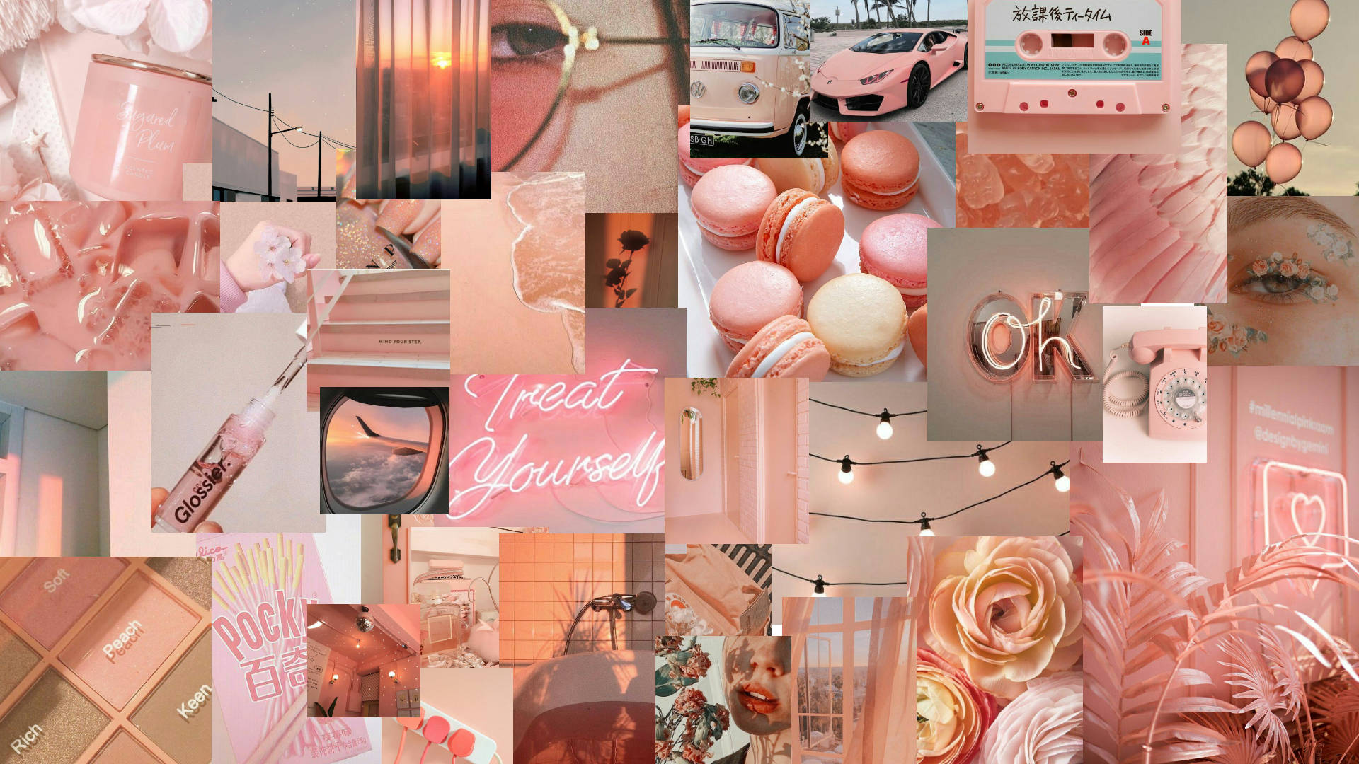 Peach Aesthetic 桌布 壁紙 — 夢幻粉紅色拼貼，包含馬卡龍、復古汽車、卡式錄音帶和霓虹燈牌，營造甜美懷舊美學。