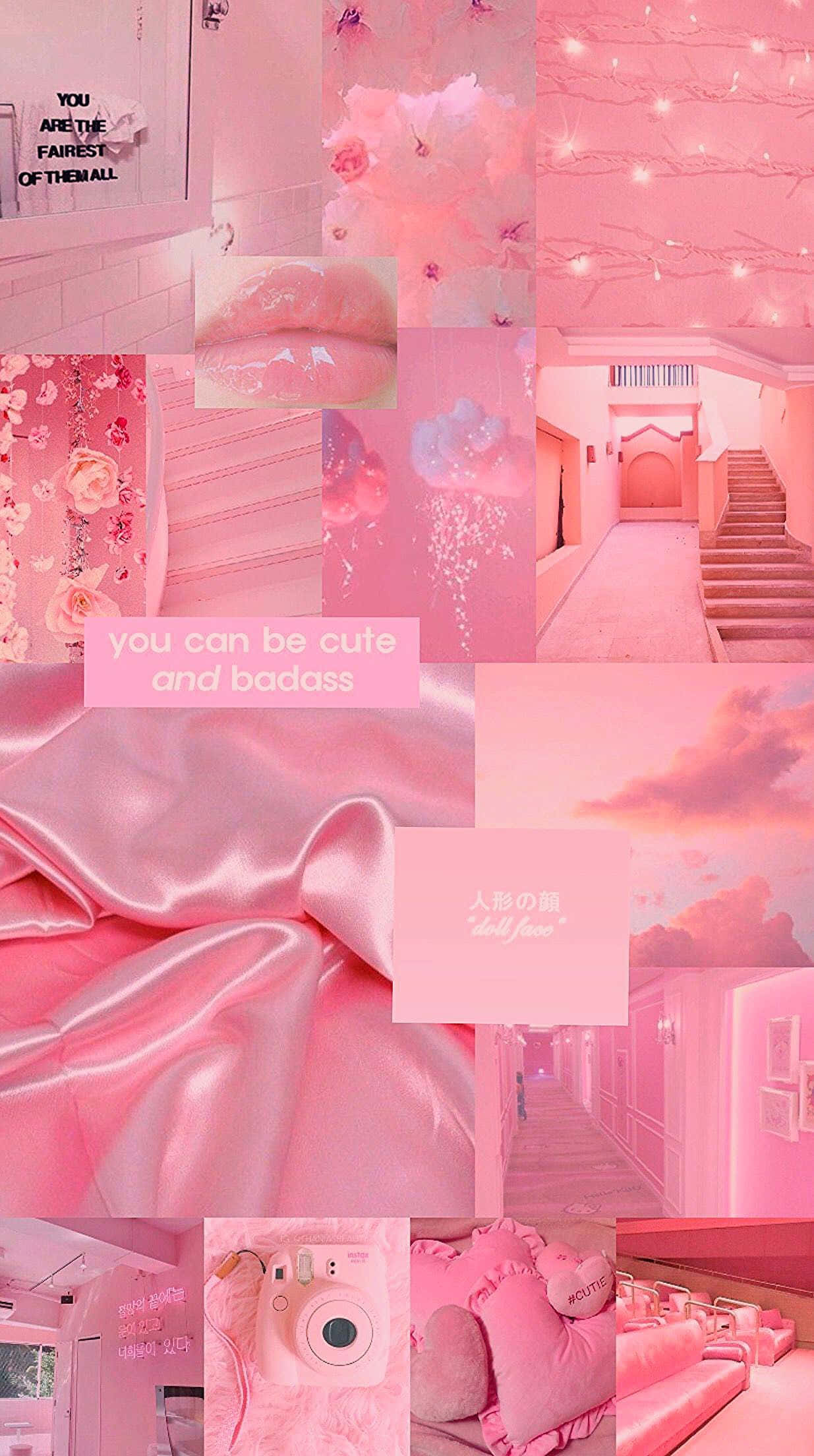 Pastel Pink Aesthetic 桌布 壁紙 — 夢幻粉紅色拼貼畫， featuring 緞面布料嘴唇、櫻花、樓梯和沐浴在柔和粉彩光線中的舒適室內設計。