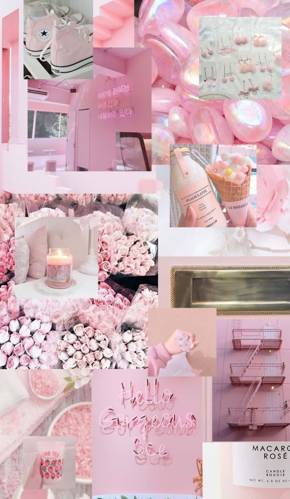 Aesthetic Pink Collage 桌布 壁紙 — 夢幻粉紅色拼貼畫，包含運動鞋、蠟燭、玫瑰和柔和色調配件，呈現柔和發光的美學。