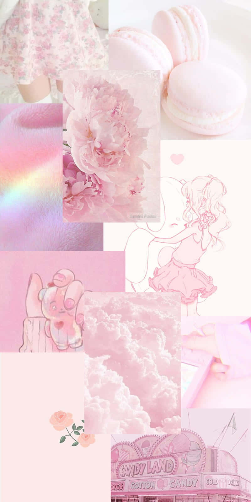 Pink Phone 桌布 壁紙 — 夢幻粉紅色拼貼畫，包含馬卡龍、牡丹、動漫女孩、糖果樂園和柔軟的雲朵，採用柔和粉彩調。