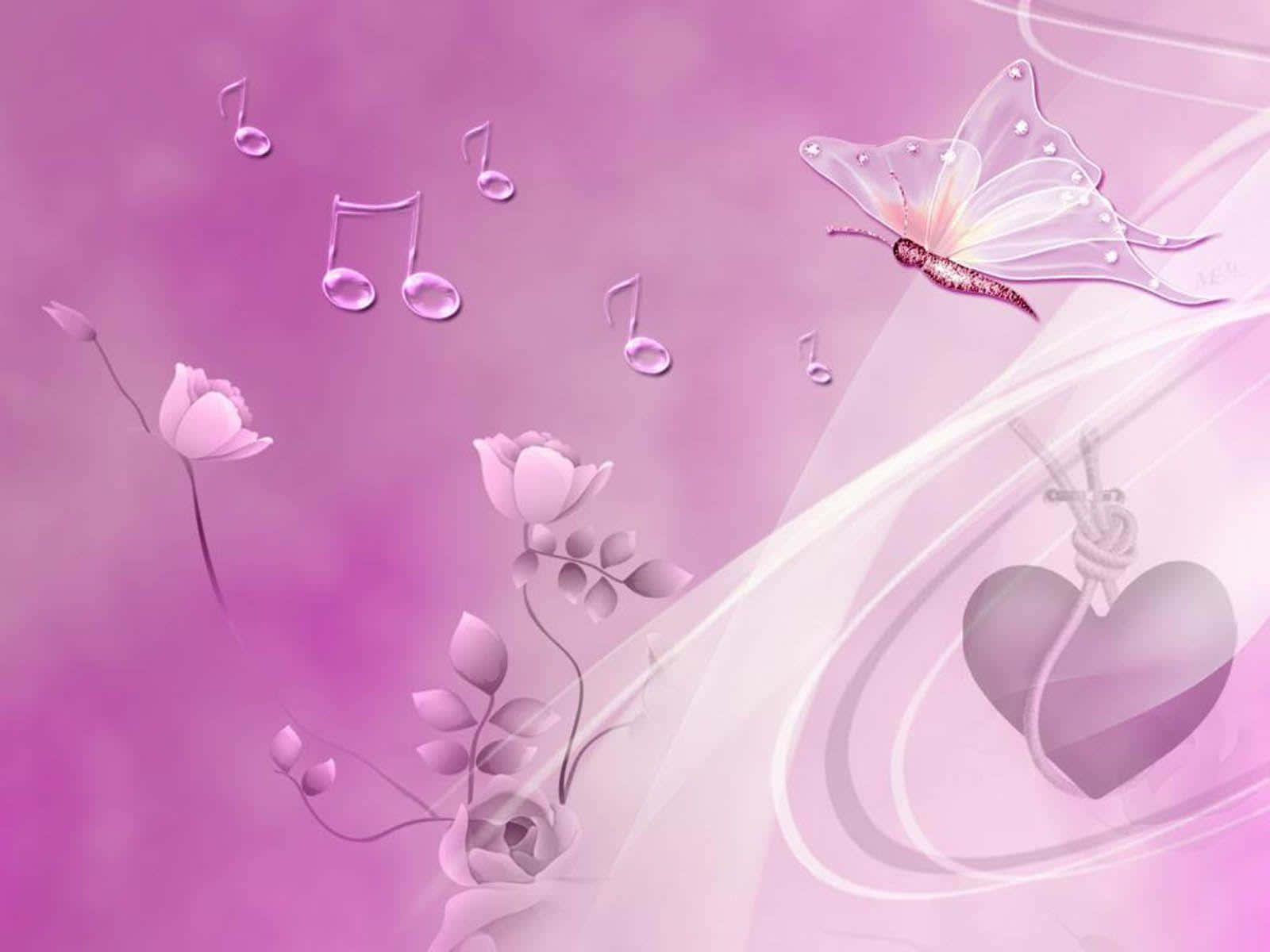 Butterfly Desktop 桌布 壁紙 — 夢幻粉紅色數位藝術作品，包含漂浮的音符、發光的蝴蝶、心形吊墜旁風格化的花朵。