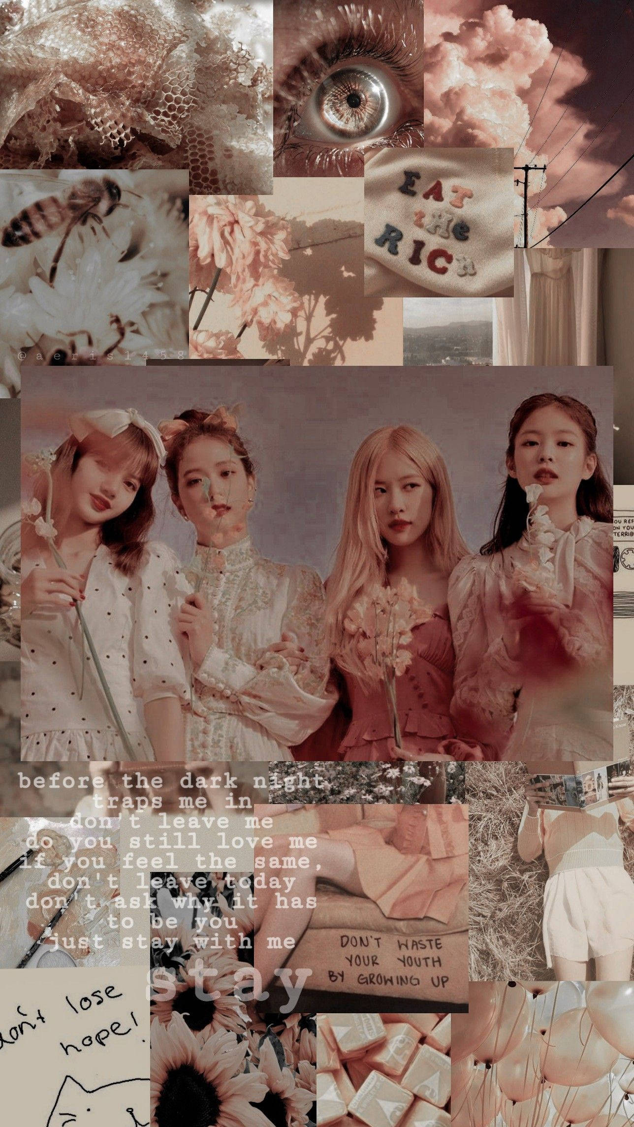 BLACKPINK 桌布 壁紙 — 夢幻粉紅色調拼貼畫， featuring K-pop 偶像、花朵、眼睛和手寫歌詞，呈現柔和浪漫美學。