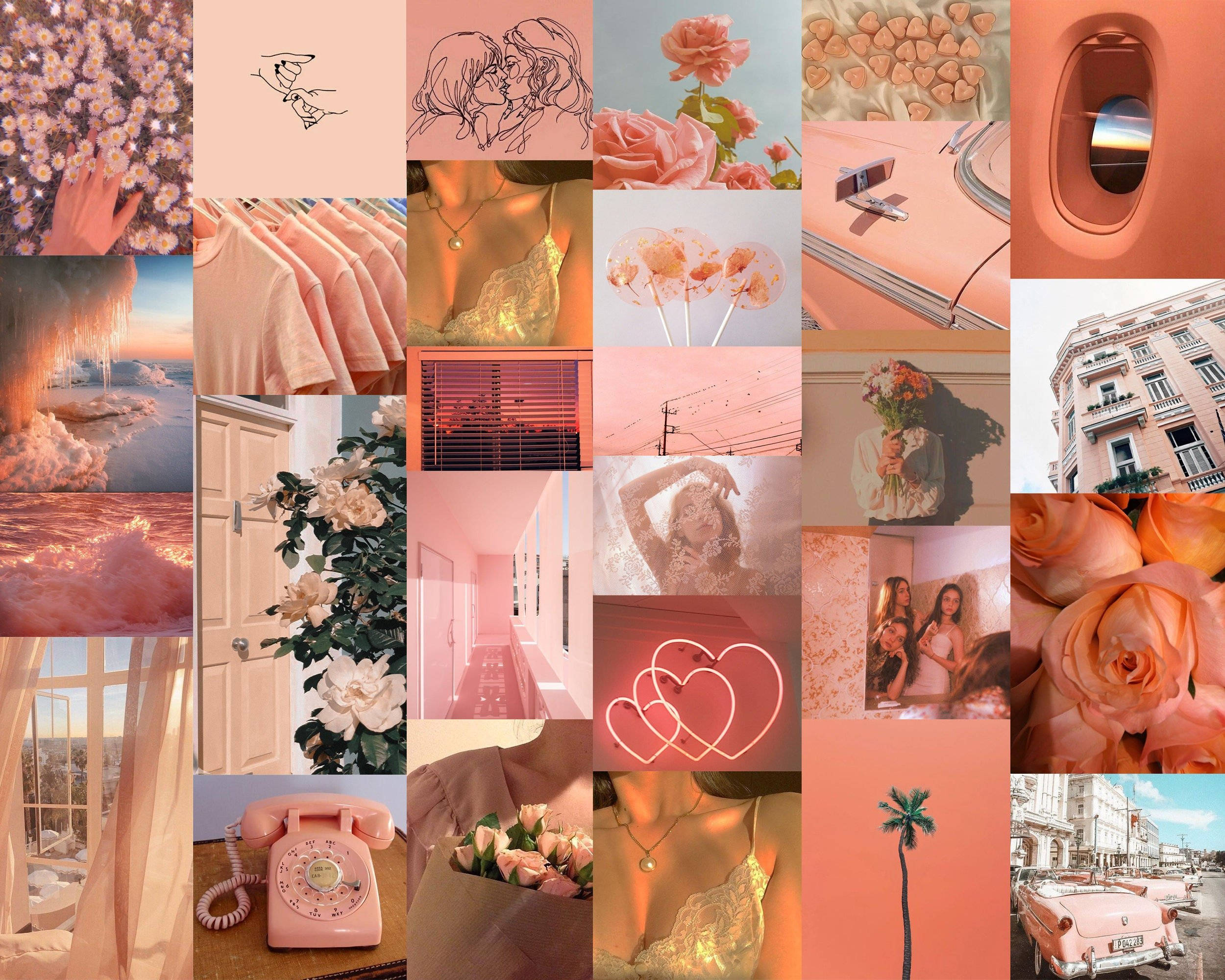 Peach Aesthetic 桌布 壁紙 — 夢幻粉紅色調拼貼畫，以玫瑰、復古汽車、心形和柔和燈光為特色，營造浪漫懷舊的氛圍。
