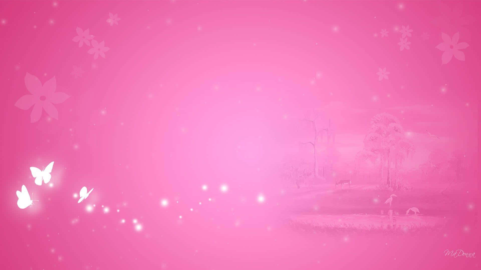 可愛粉色動圖 桌布 壁紙 — 夢幻粉紅風景，發光蝴蝶與花卉圖案漂浮在柔和模糊的場景之上。