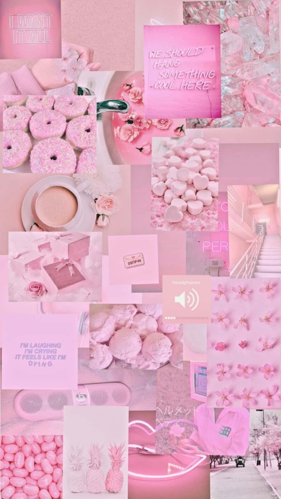 Aesthetic Pink Collage 桌布 壁紙 — 夢幻粉色拼貼，以柔和粉彩美學排列甜甜圈、花朵、糖果和語錄。