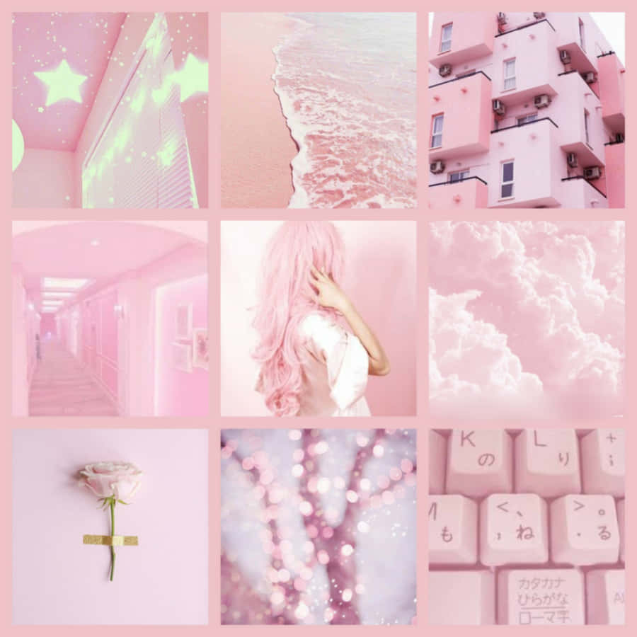 Pastel Pink Aesthetic 桌布 壁紙 — 夢幻粉色拼貼畫，包含星空天花板、海浪、柔和色調建築物，以及一朵孤獨的玫瑰，背景柔和。