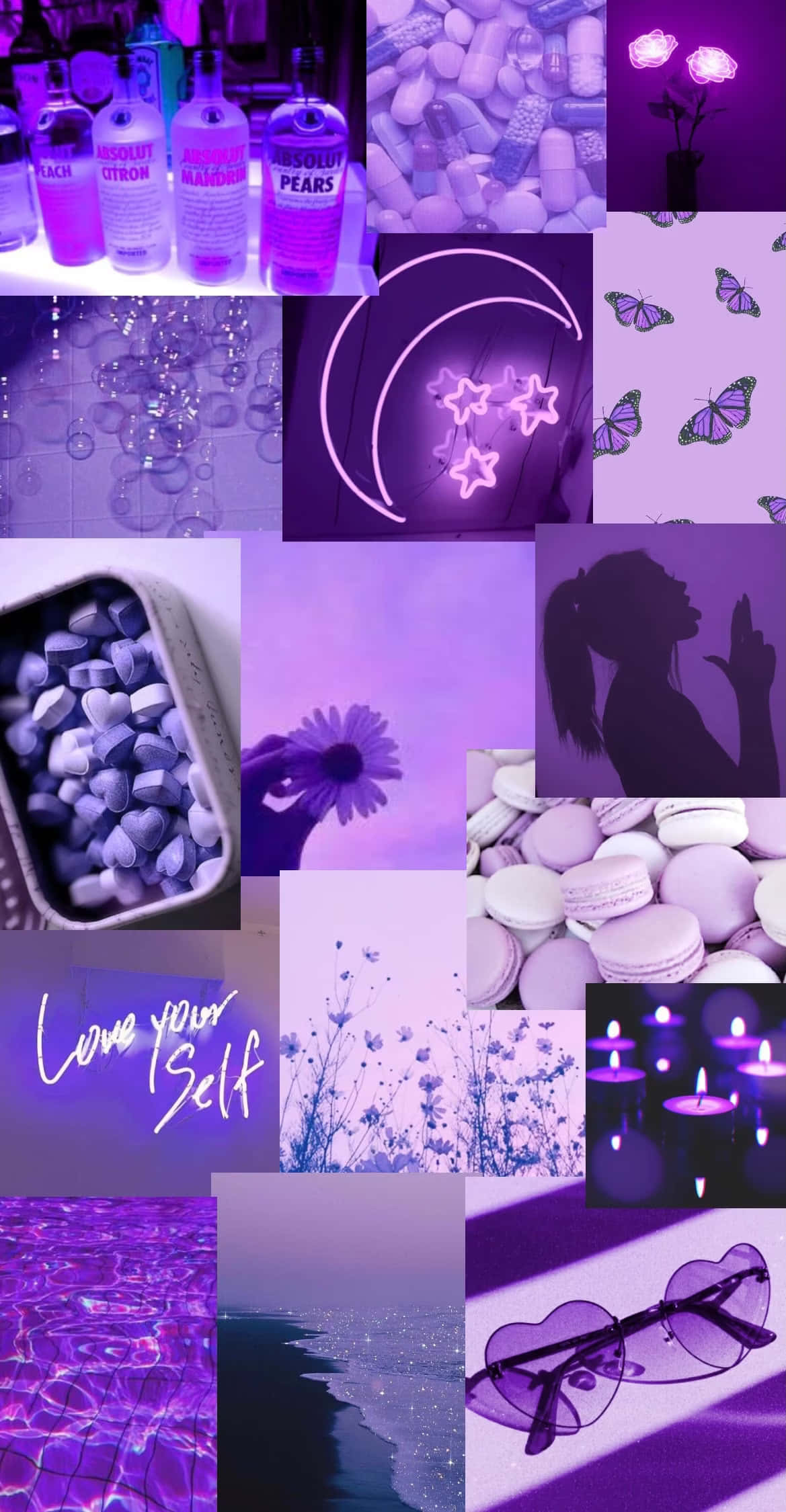 Aesthetic Purple 桌布 壁紙 — 夢幻紫色主題拼貼畫，包含霓虹燈、藥丸、馬卡龍和剪影，背景發光。