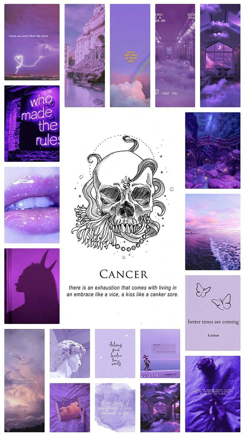 Cancer Aesthetic 桌布 壁紙 — 夢幻紫色主題拼貼畫，包含骷髏、嘴唇、雲朵和文字，中央有巨蟹座插圖。