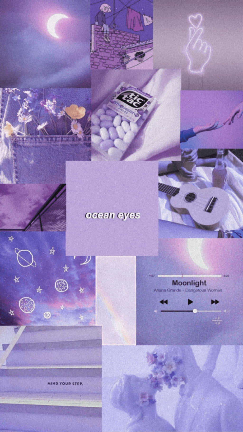 Purple Aesthetic Collage 桌布 壁紙 — 夢幻紫色拼貼，包含月相、花朵、音符和手寫文字，呈現柔和粉彩美學。