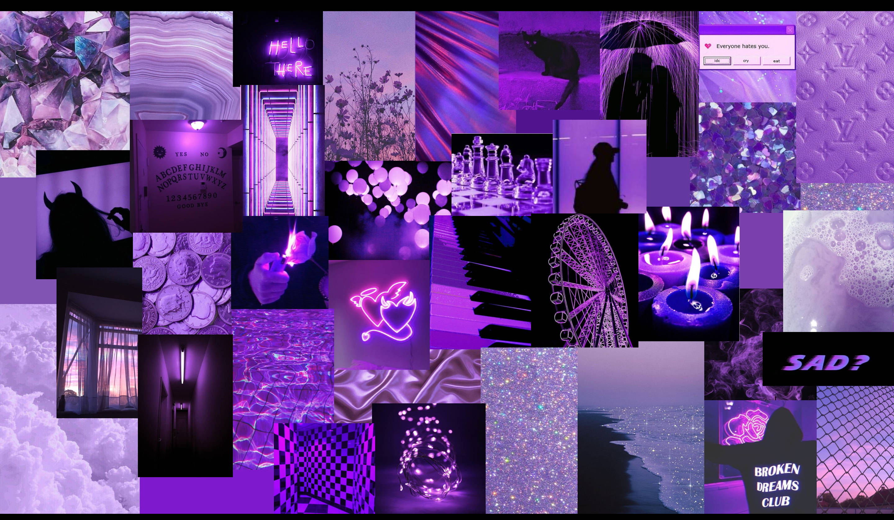 Purple Collage 桌布 壁紙 — 夢幻紫色拼貼，融合霓虹燈牌、剪影、蠟燭及抽象圖案，營造憂鬱美學。