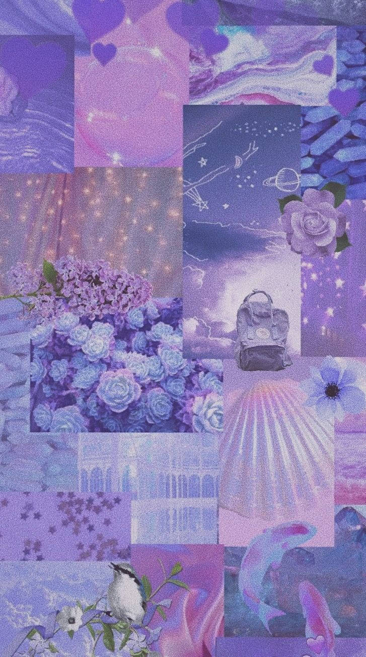 長春花 桌布 壁紙 — 夢幻紫色拼貼桌布，以柔和發光色調呈現花朵、星星、背包及天體圖案。