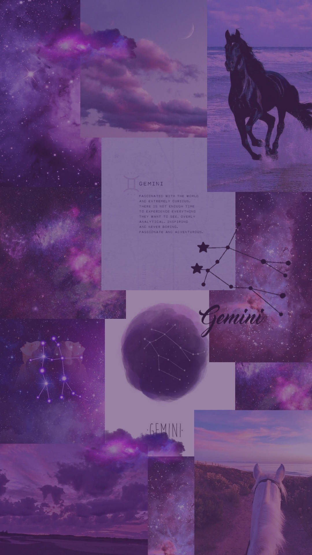 星座 桌布 壁紙 — 夢幻紫色拼貼畫，包含奔馳的黑馬、星空和雙子座星座圖案。