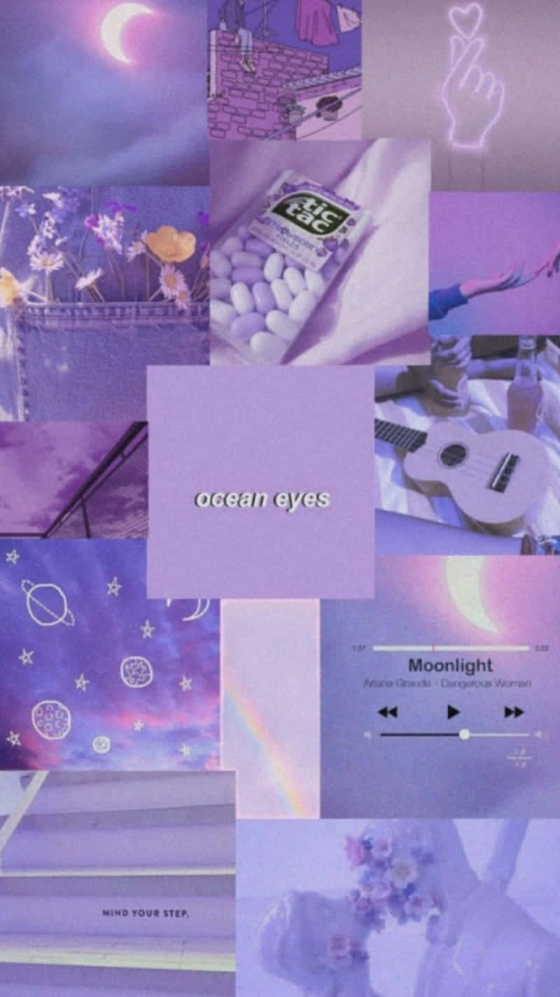 Aesthetic Purple 桌布 壁紙 — 夢幻紫色拼貼畫，包含月相、花朵、糖果、烏克麗麗和帶有「ocean eyes」文字的音樂播放器。