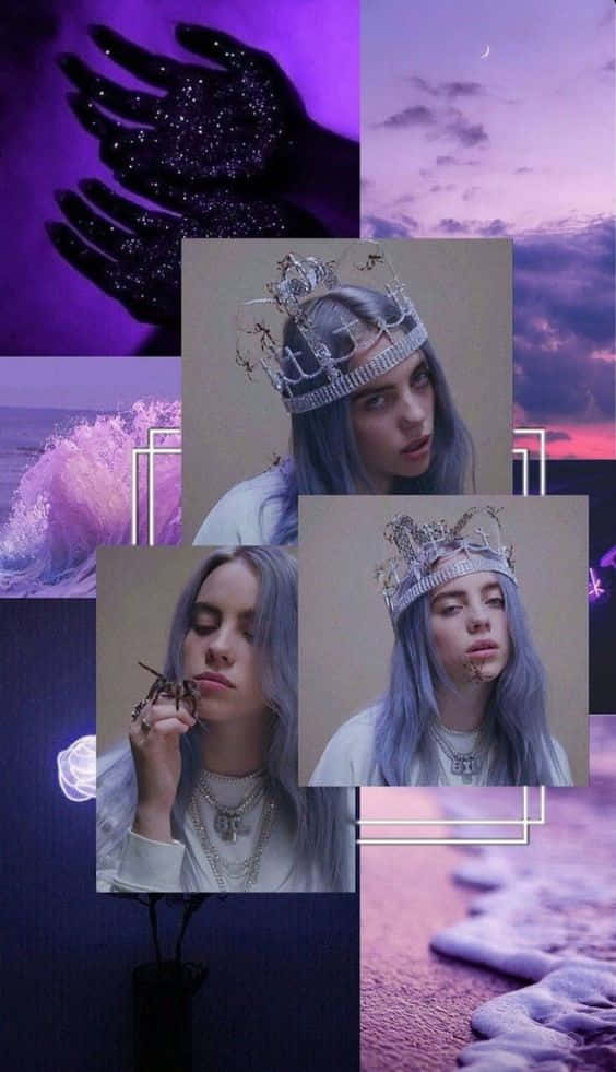 Billie Eilish Purple 桌布 壁紙 — 夢幻紫色調拼貼畫， featuring Billie Eilish 戴上皇冠、閃爍雙手，背景是超現實的天空與海浪。
