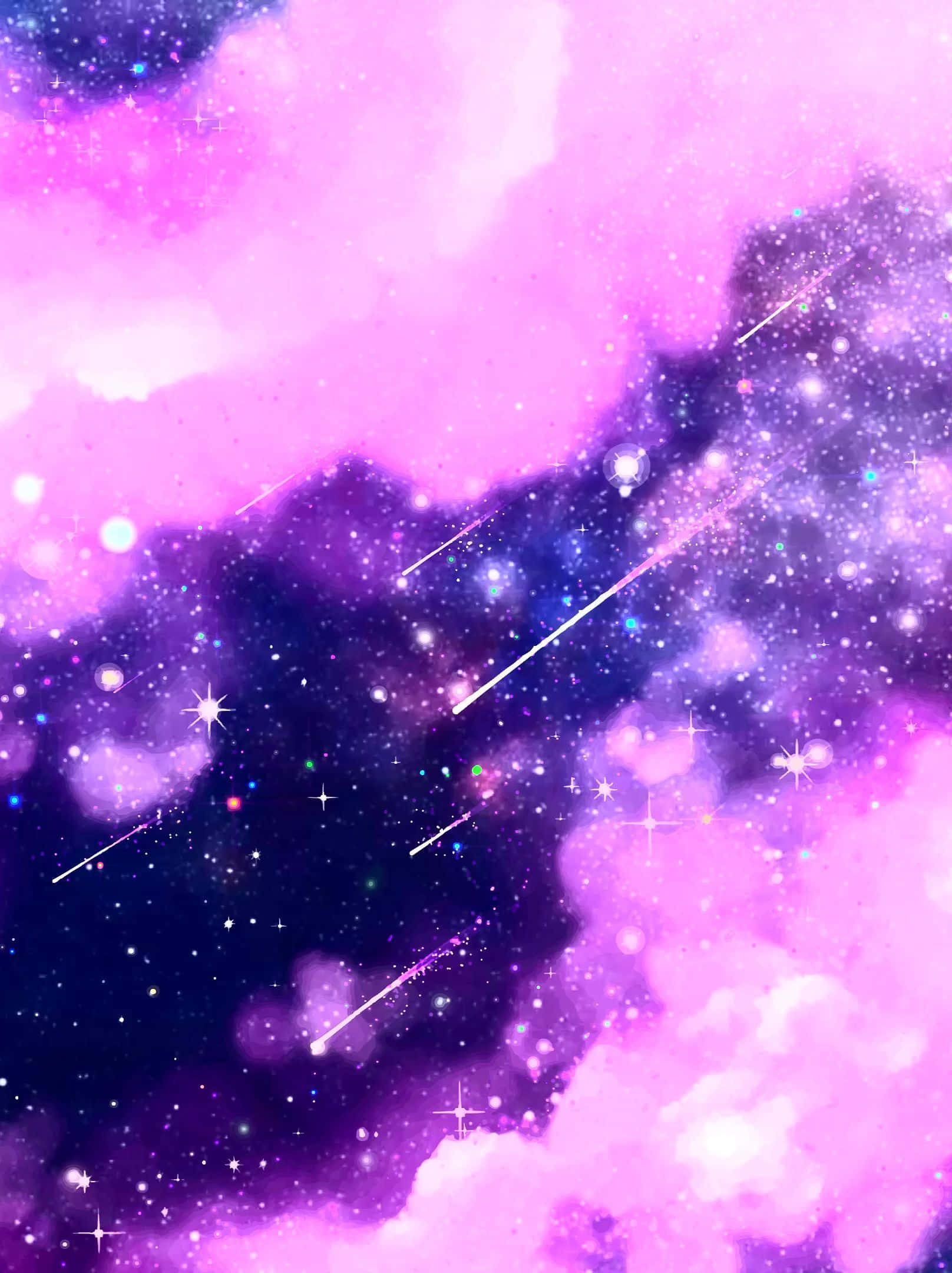 太空美學動圖 桌布 壁紙 — 夢幻般的宇宙場景，充滿活力的粉紅色和紫色星雲環繞著閃爍的星星和劃過的流星。
